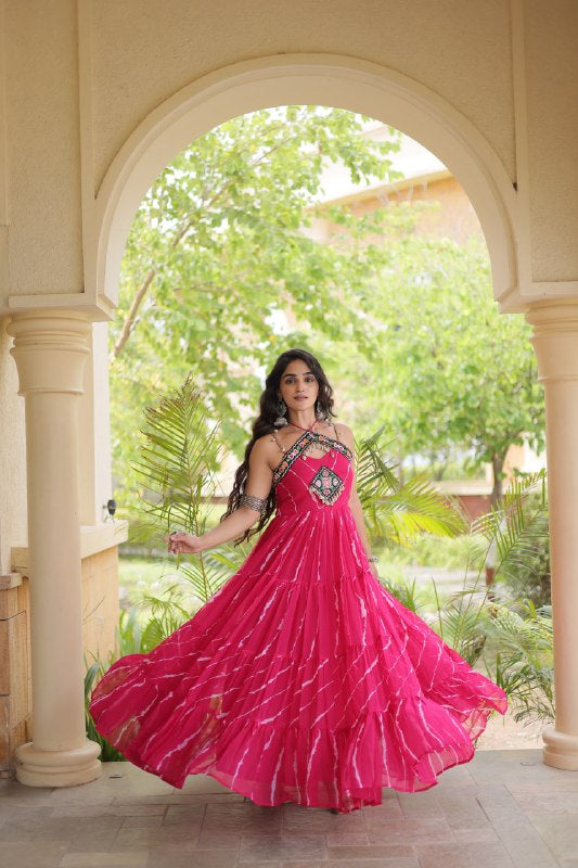 Premium Faux Georgette Navratri Gown with Laheriya Print & Kutchi Patchwork