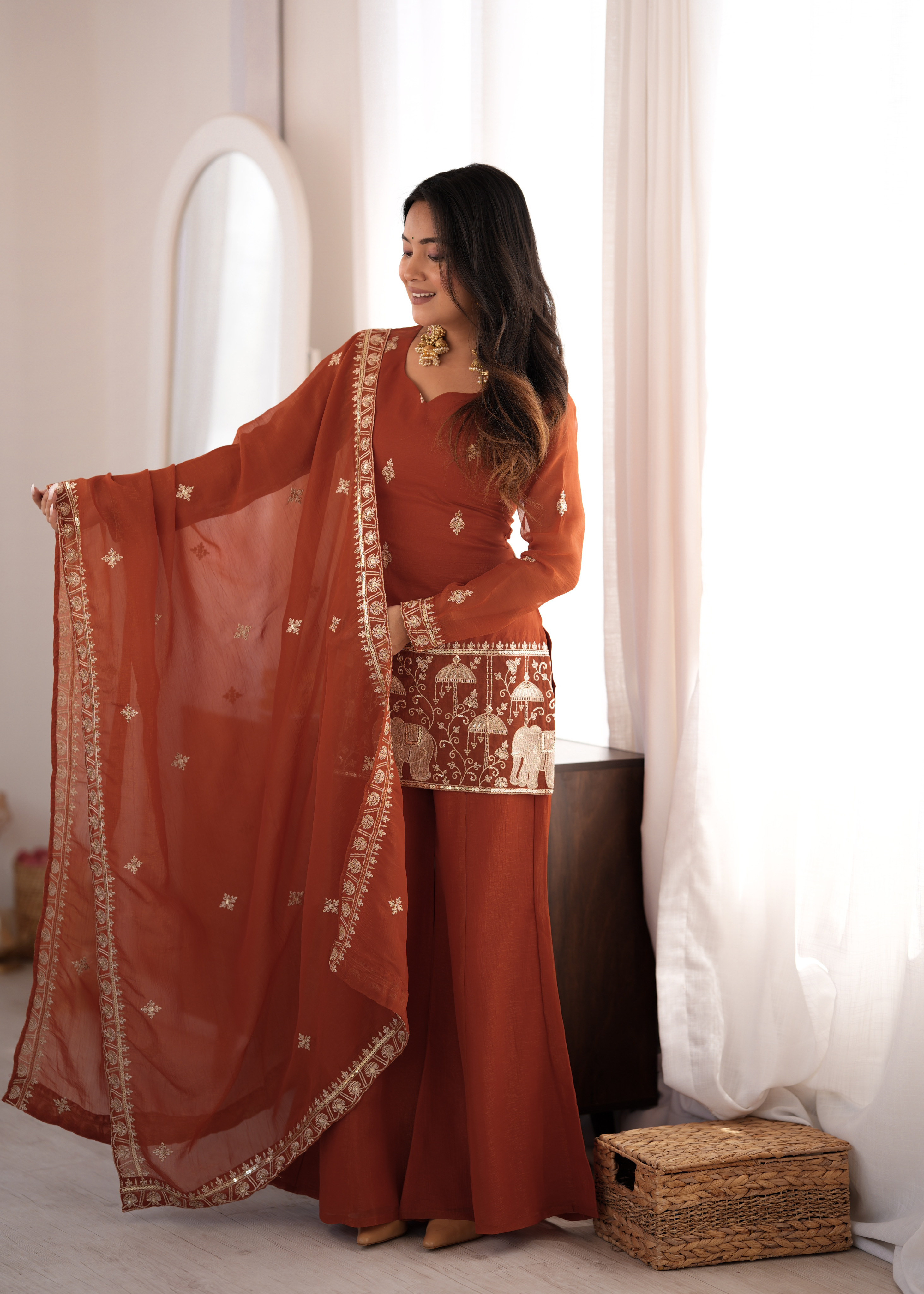 Premium Crunchy Silk Embroidered Bell Bottom Set