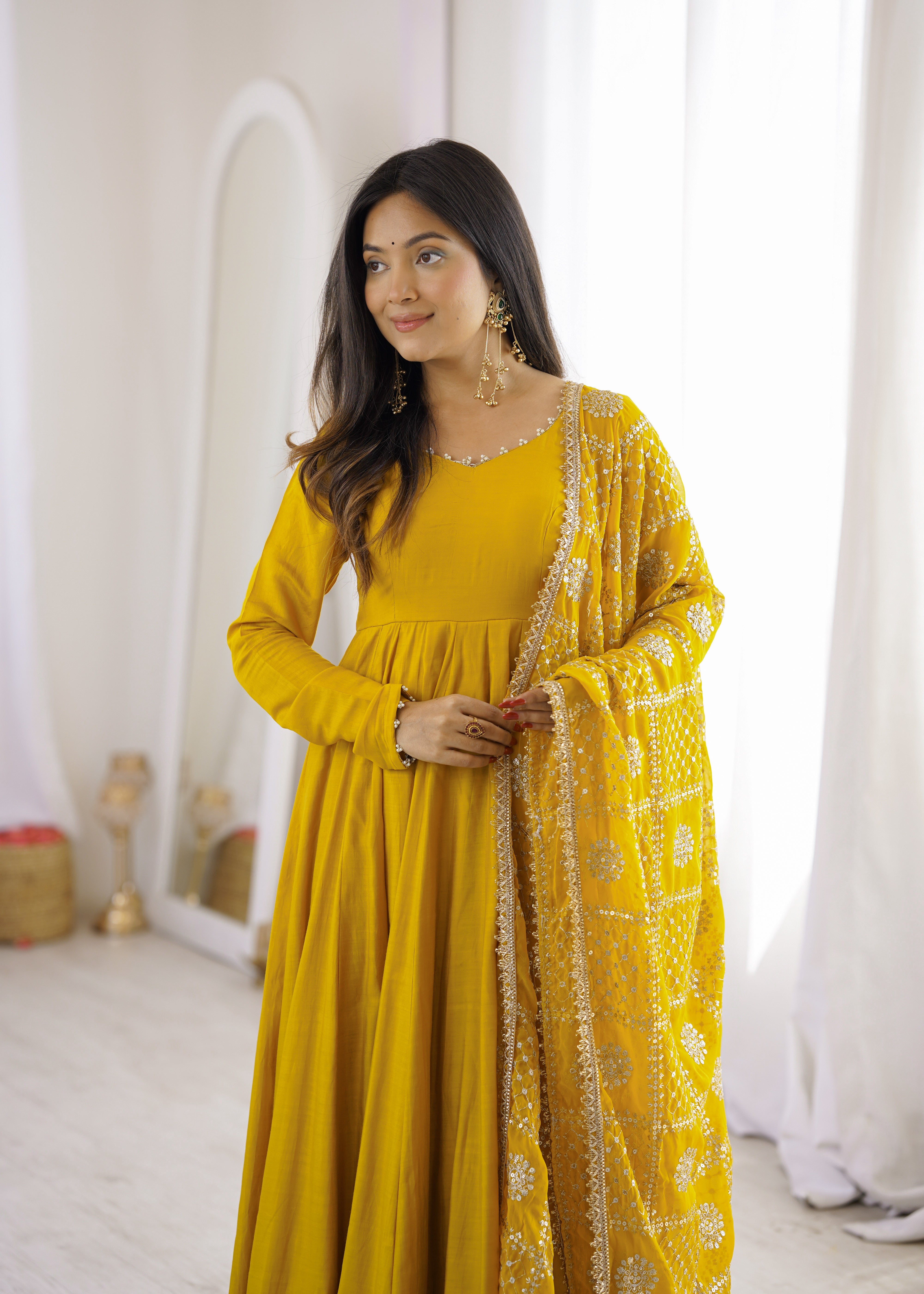 Premium Pure Romansilk Chanderi Fully Flared Anarkali Gown Set