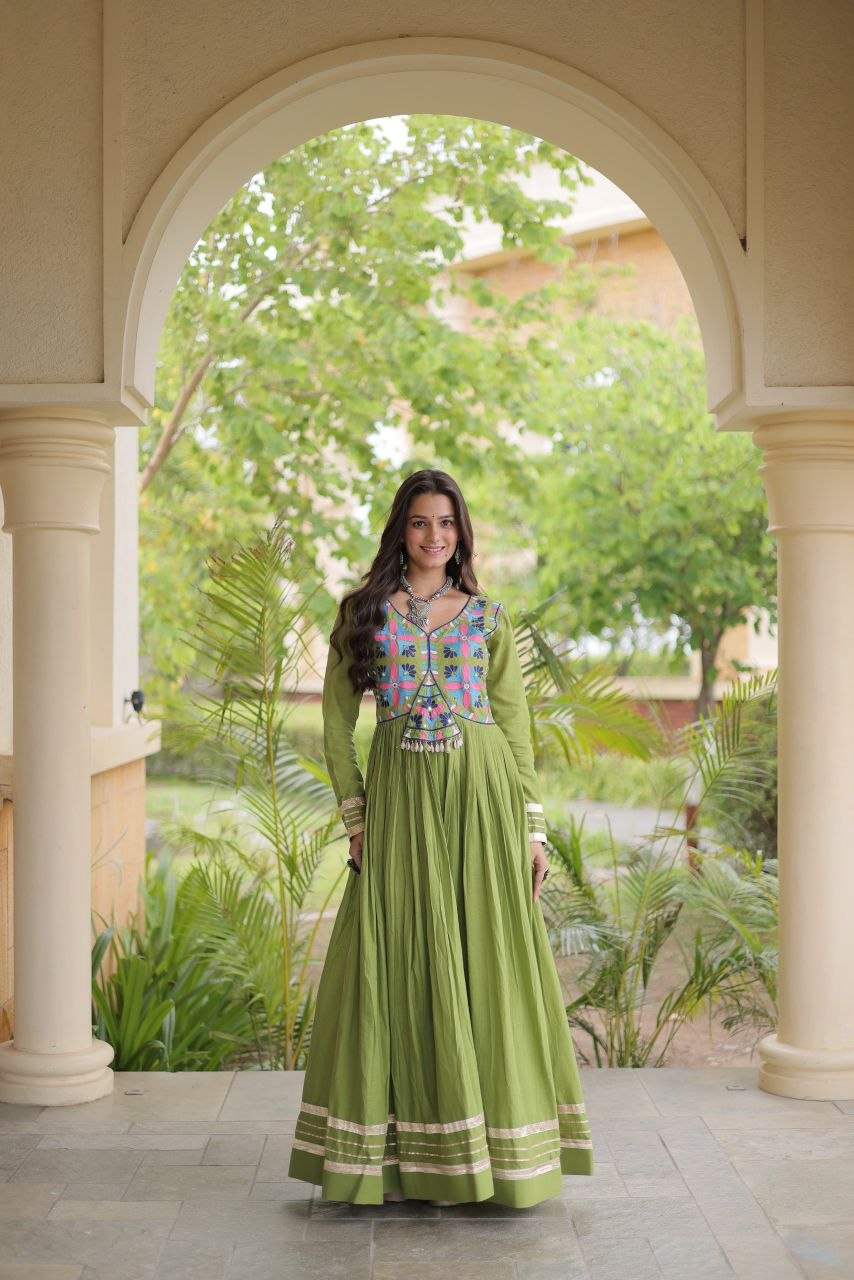 Premium Kora Cotton Navratri Gown with Multi-Thread Embroidery, Gota Patti, Mirror & Codi Lace Work