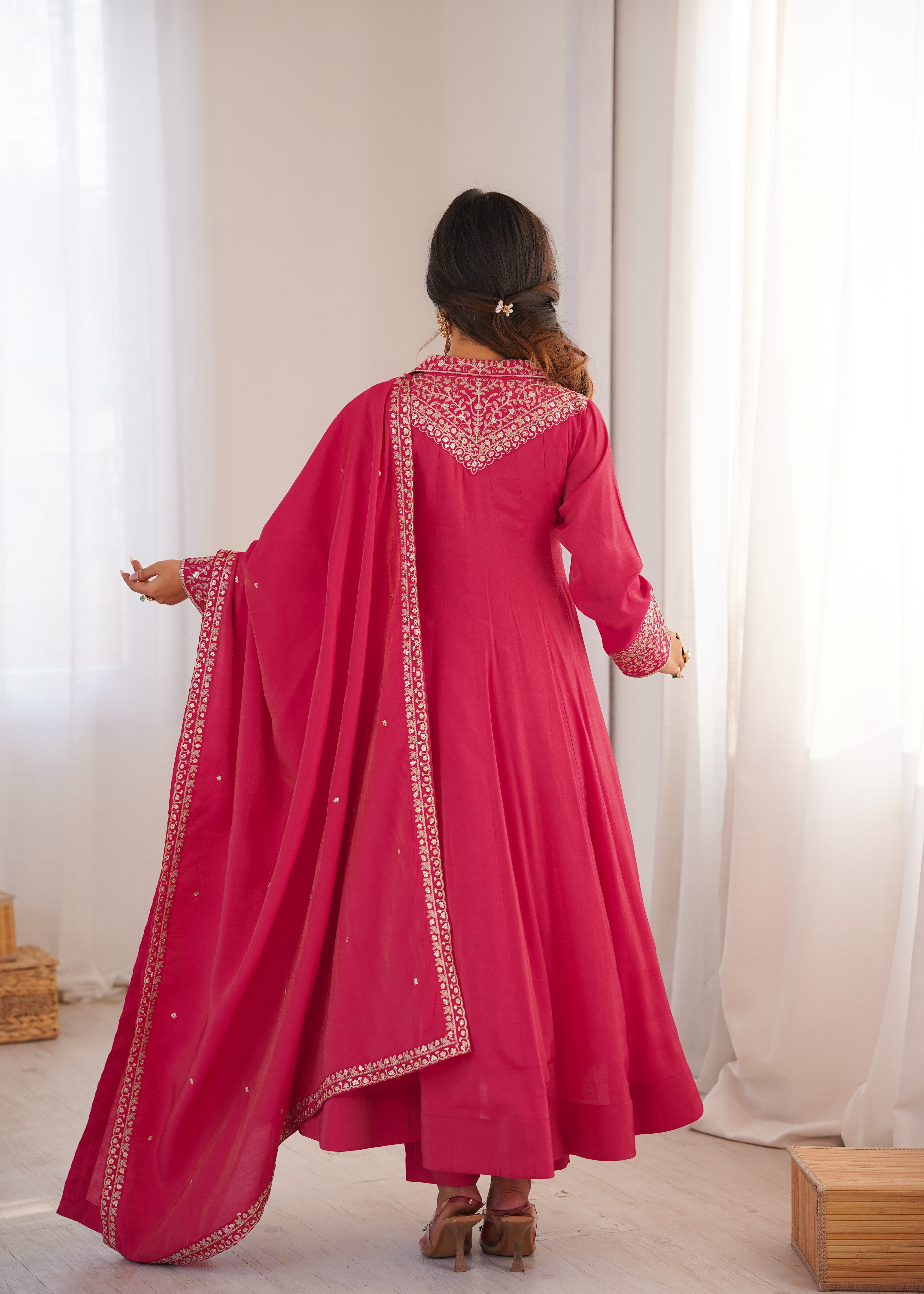 Premium Pure Roman Shimmer Silk Fully Flared Anarkali Gown Set