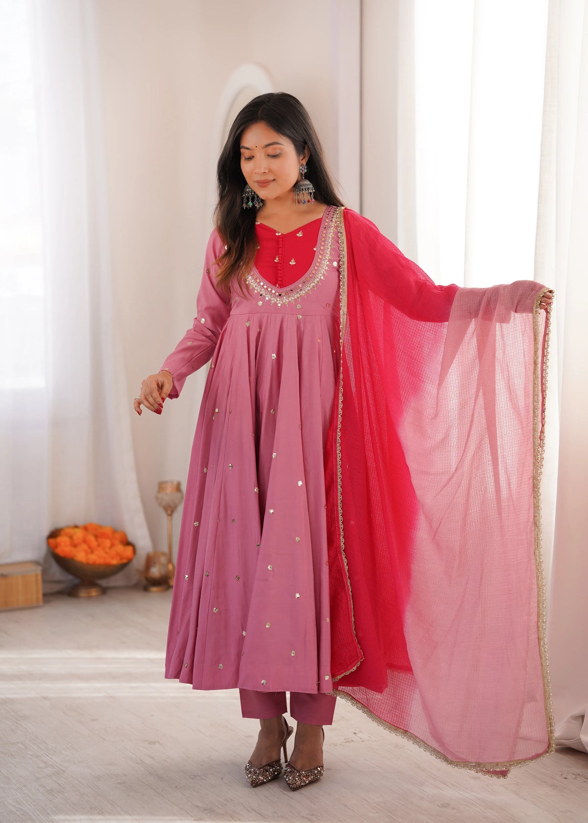 Premium Roman Silk Anarkali Gown with Embroidery, Sequin & Real Mirror Work