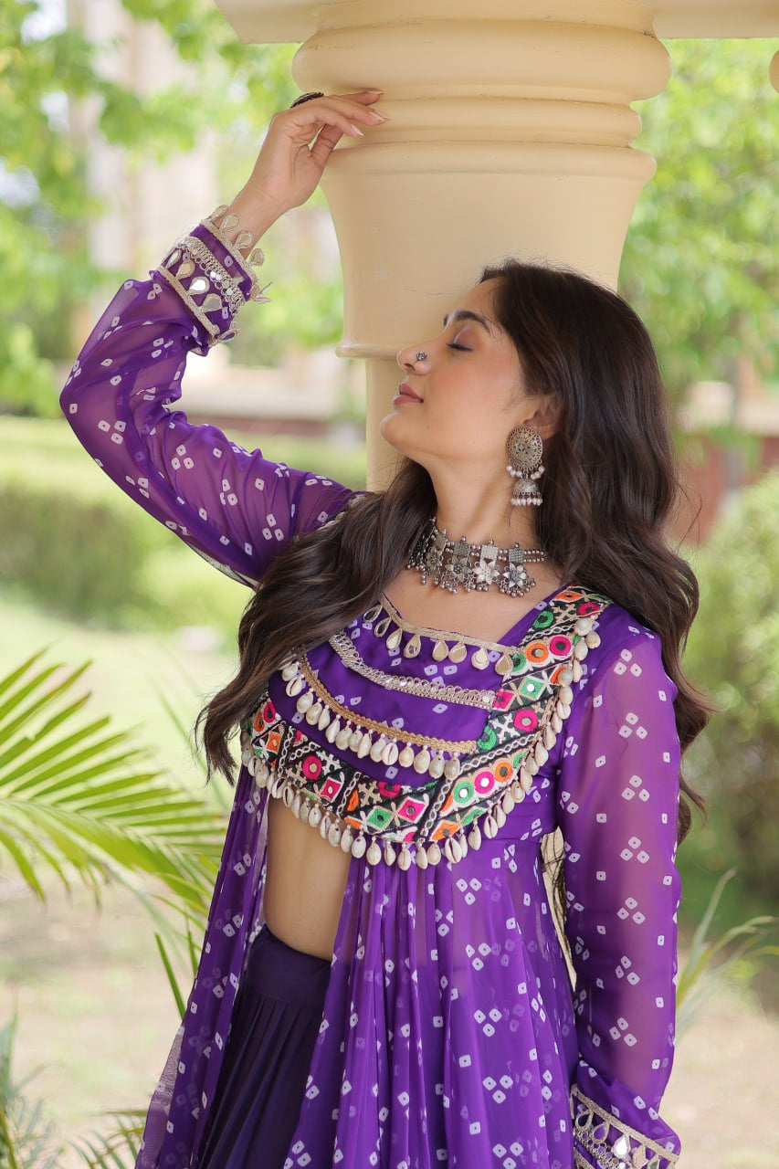 Premium Kora Cotton Navratri Lehenga with Bandhani Print & Kutchi Patchwork Kurti