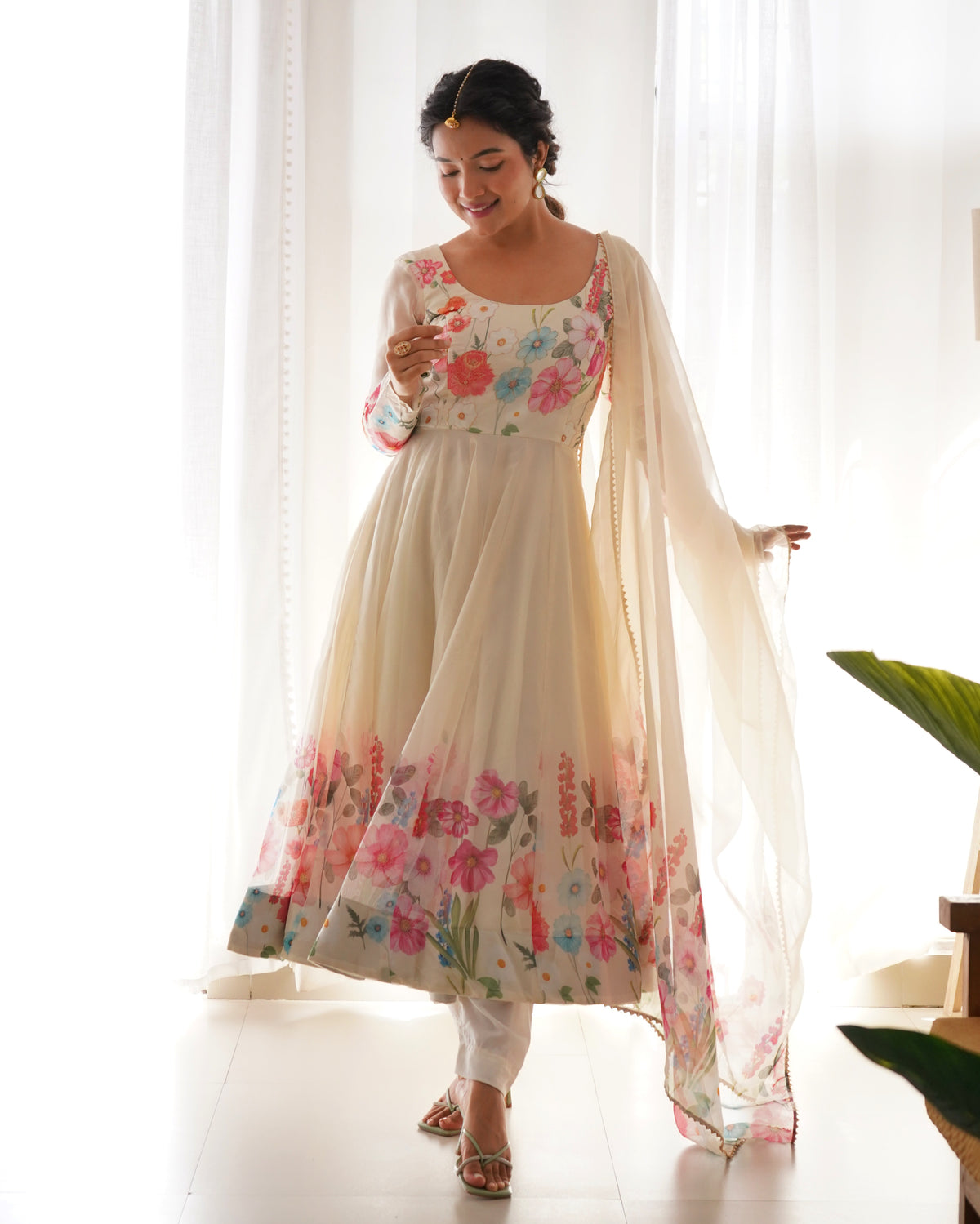 Premium Organza Silk Printed Anarkali Suit Set with Badla Jari & Gota Patti Work