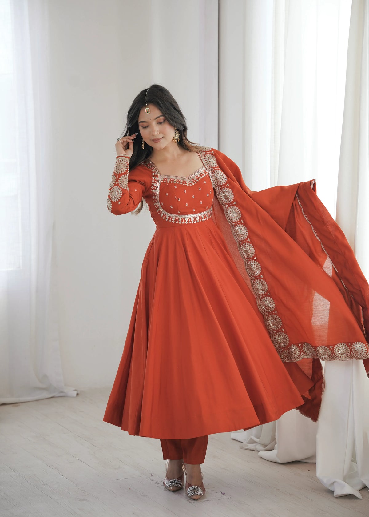Premium Roman Silk Anarkali Gown with Embroidery & Sequin Work