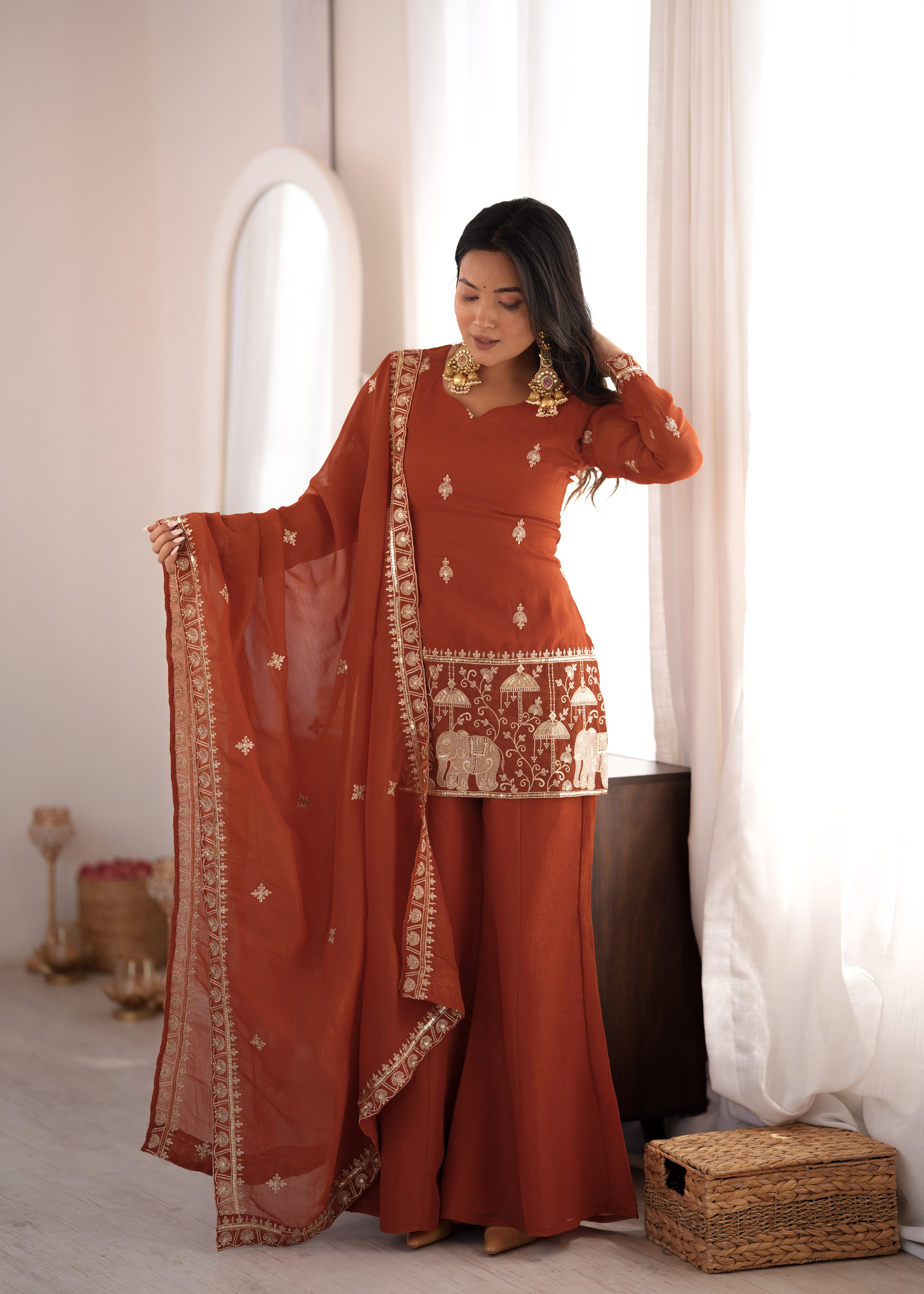 Premium Crunchy Silk Embroidered Bell Bottom Set