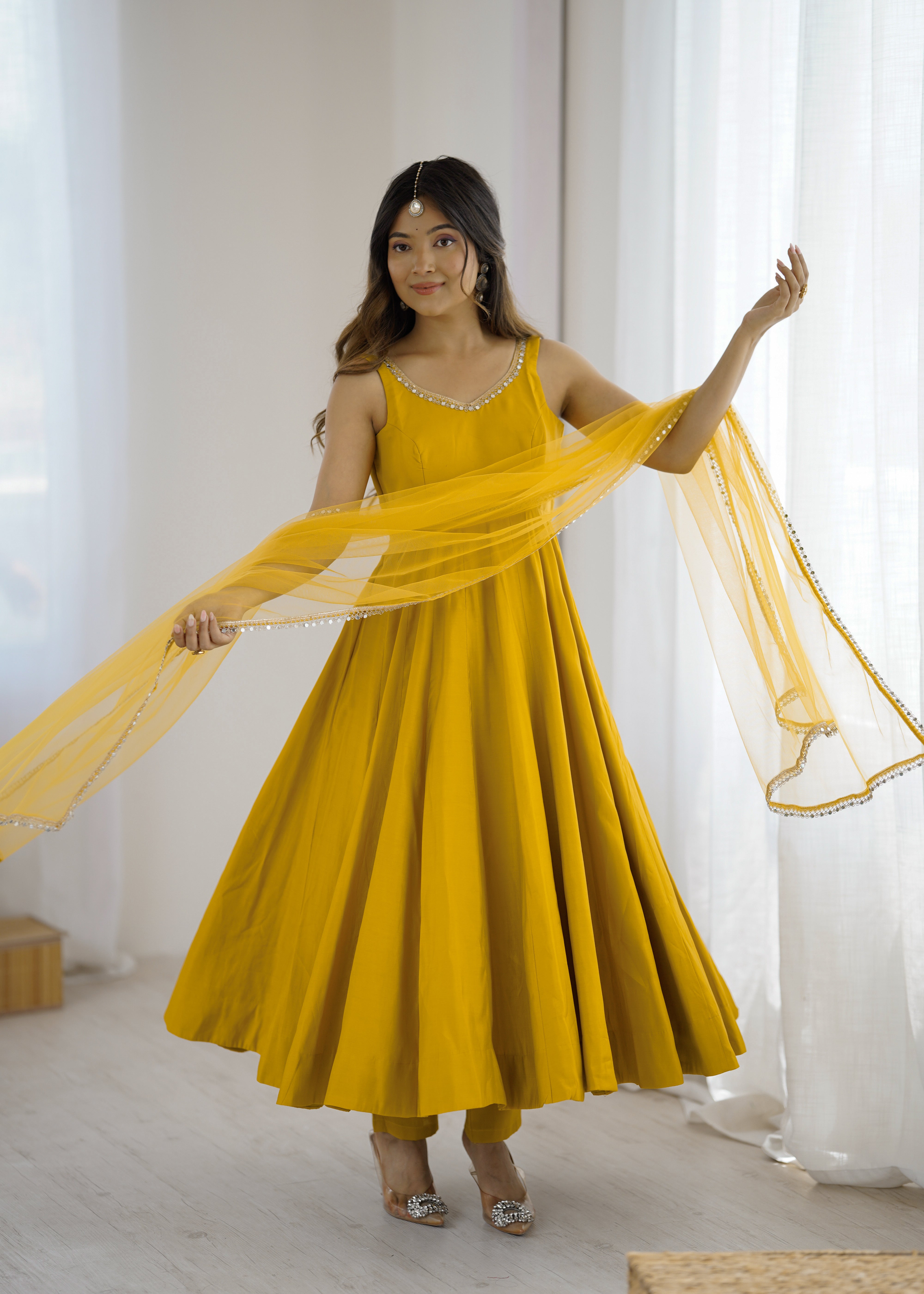 Premium Pure Romansilk Chanderi 4 Meter Flared Anarkali Gown Set