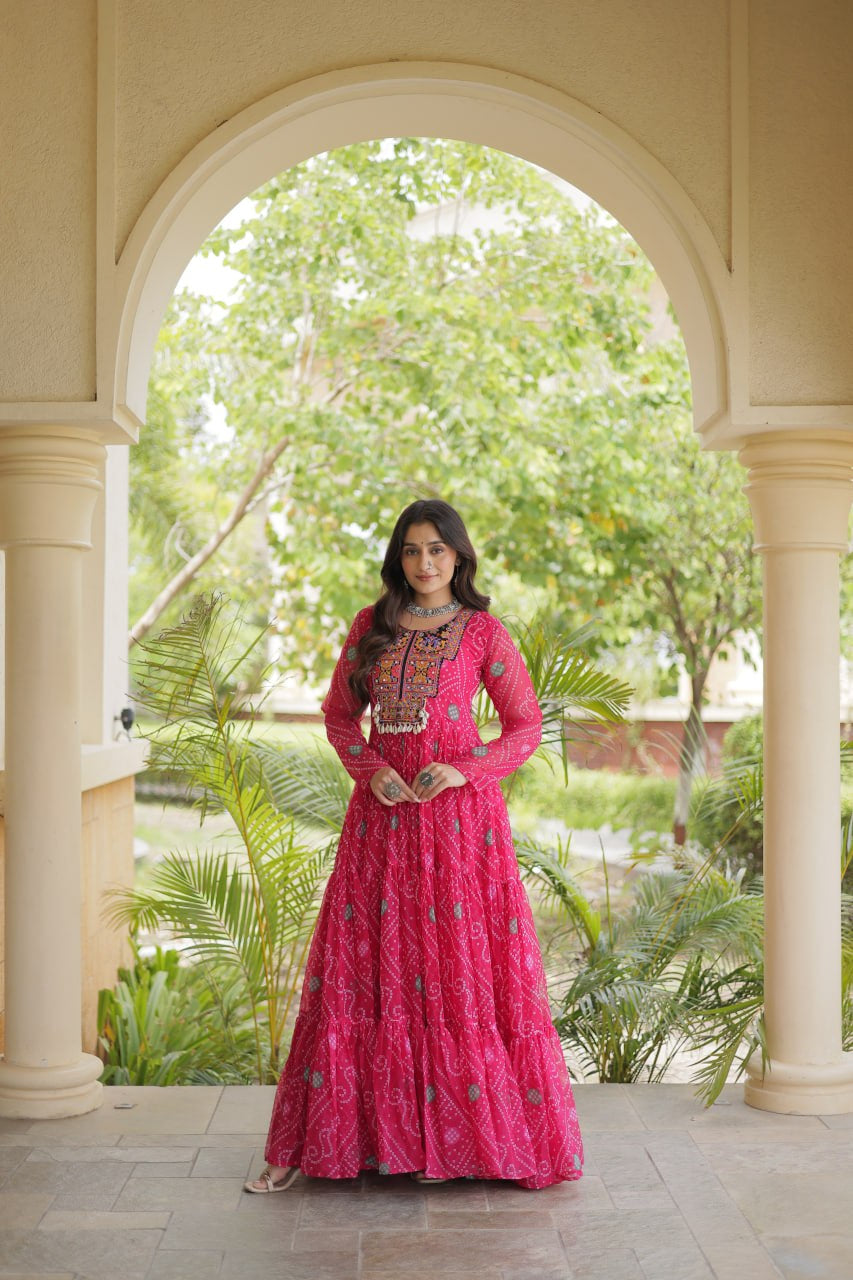 Premium Faux Georgette Navratri Gown with Bandhani Print & Kutchi Patchwork