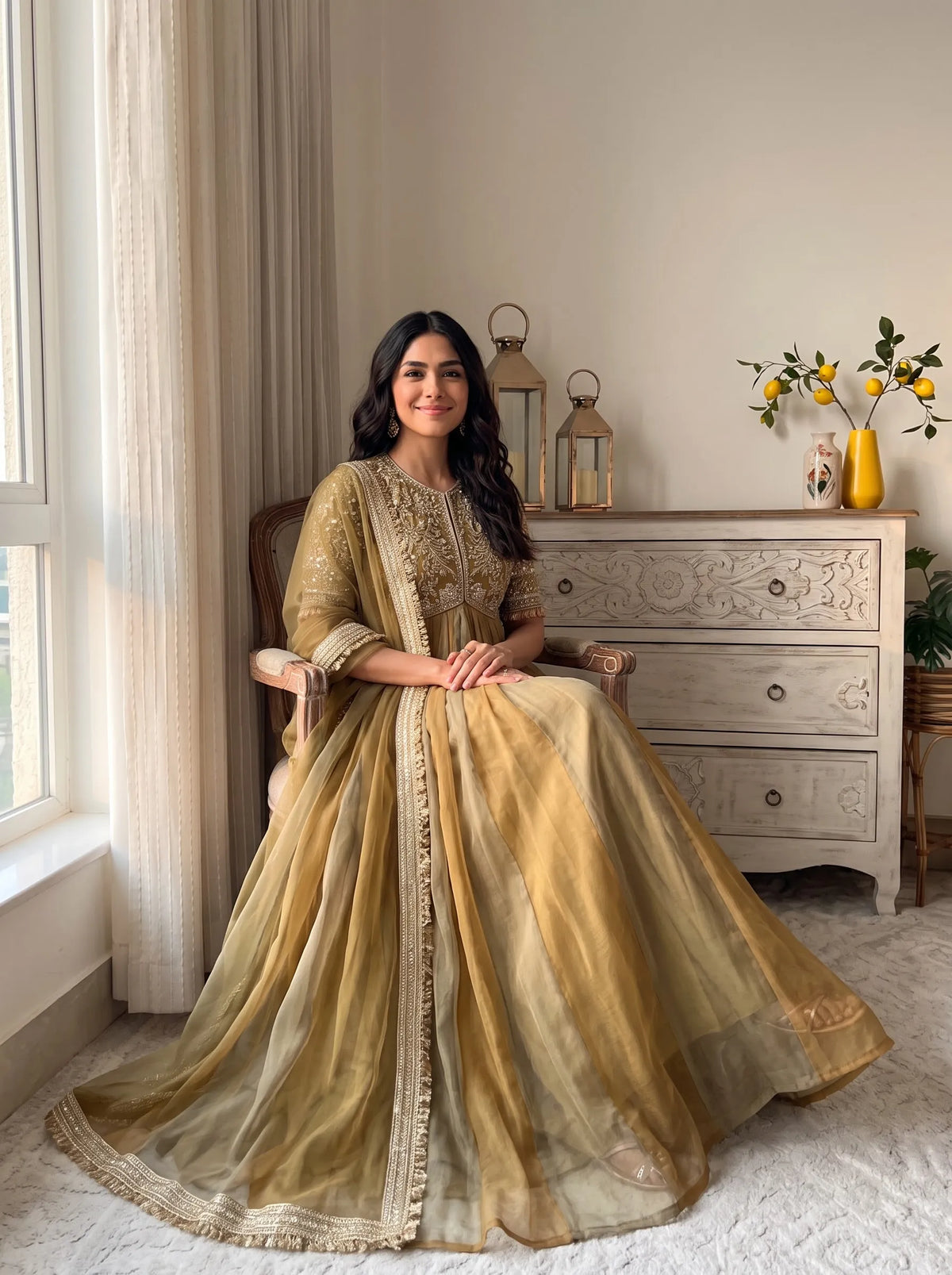 Premium NC Moss Silk Gown with Embroidery, Beads & Tassel Sleeves