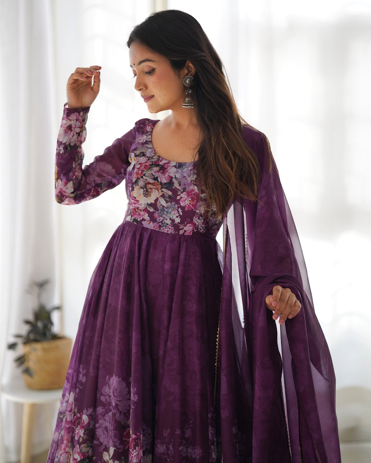 Premium Organza Silk Printed Anarkali Gown with Kali Flare, Canvas Patta & Gota Patti Dupatta