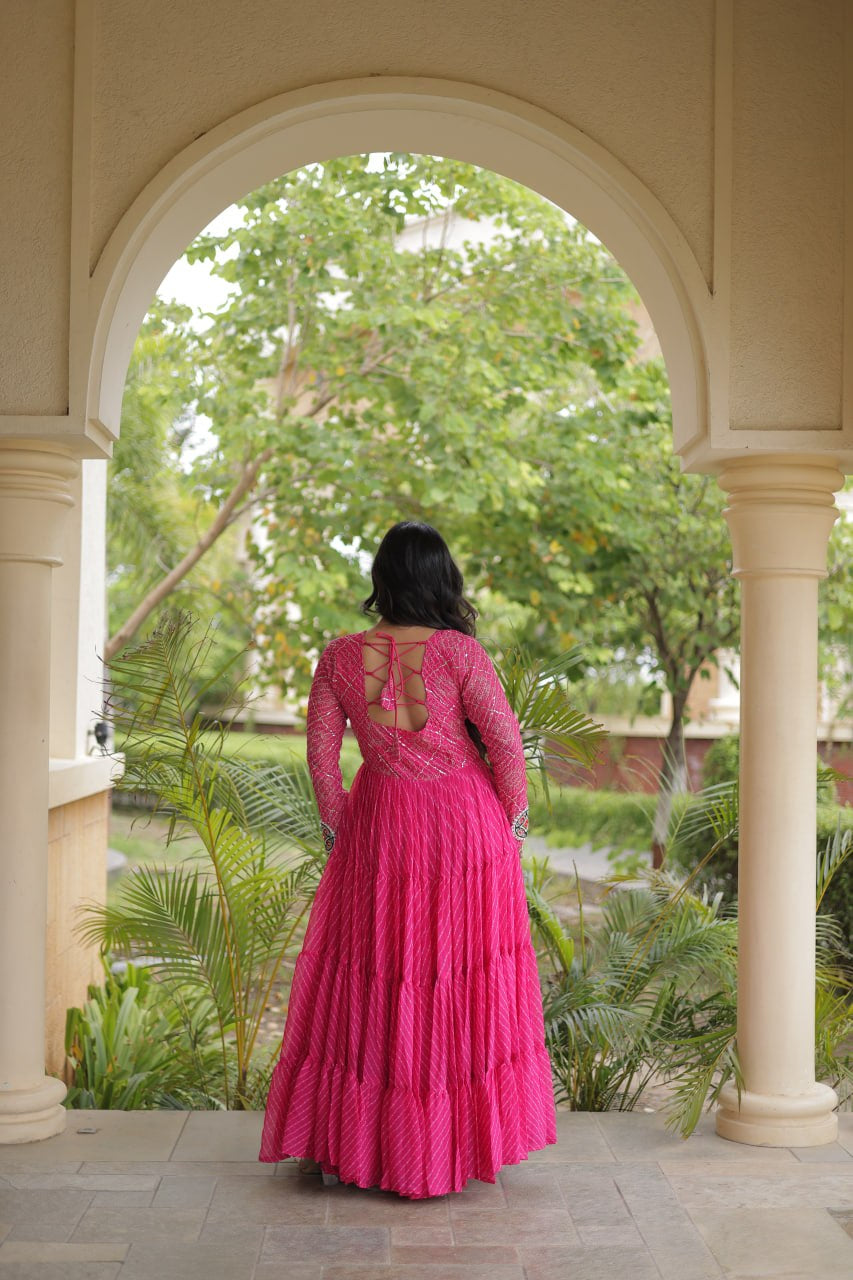 Premium Faux Georgette Navratri Gown with Laheriya Print & Kutchi Patchwork