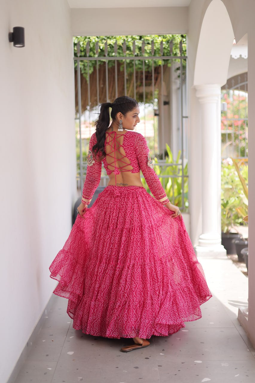 Premium Faux Georgette Bandhani Print Navratri Lehenga Choli with Kutchi Patchwork