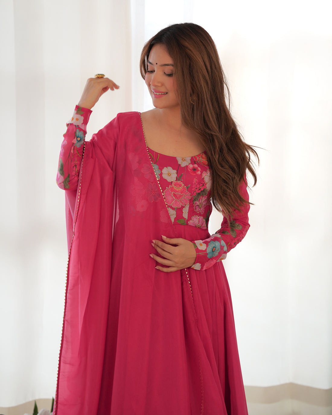 Premium Organza Silk Printed Anarkali Suit Set with Badla Jari & Gota Patti Work