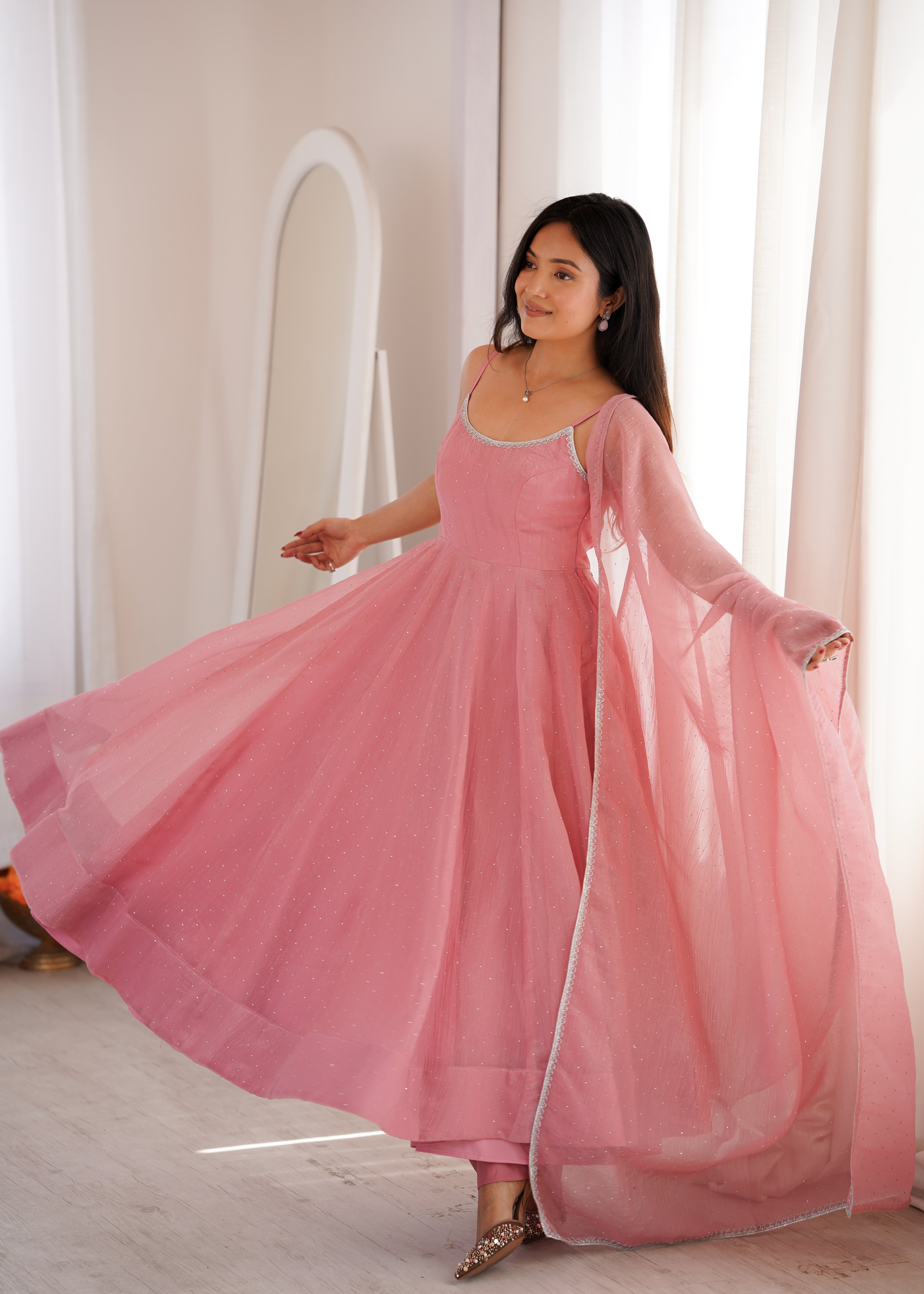 Premium Crunchy Silk Anarkali Gown Set with SiroSki Work, Dupatta & Pant
