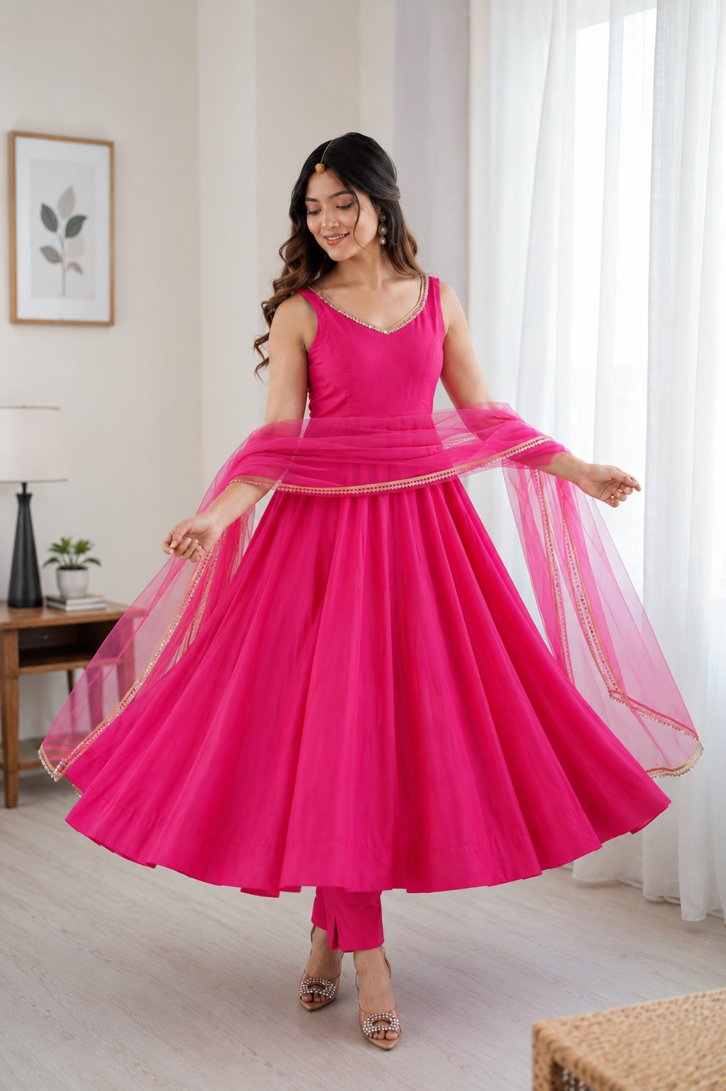 Premium Pure Romansilk Chanderi 4 Meter Flared Anarkali Gown Set