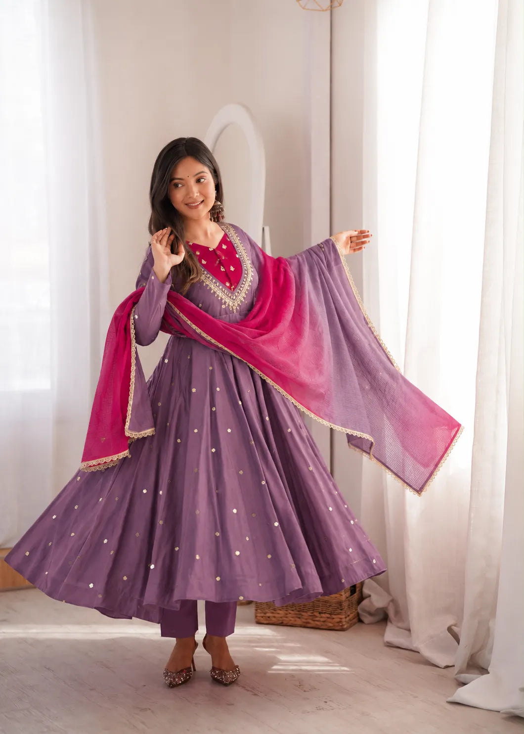 Premium Roman Silk Anarkali Gown with Embroidery, Sequin & Real Mirror Work