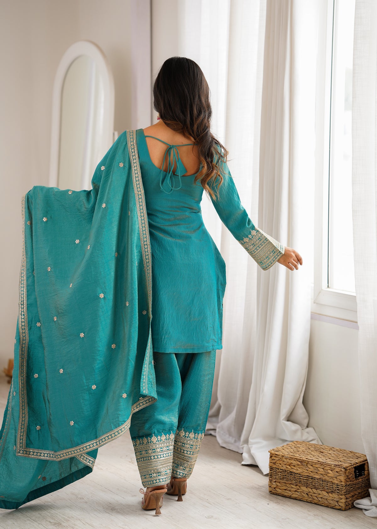 Premium NC Vichitra Silk Top & Farshi Shalwar Set with Embroidery, Dori & Jari Work