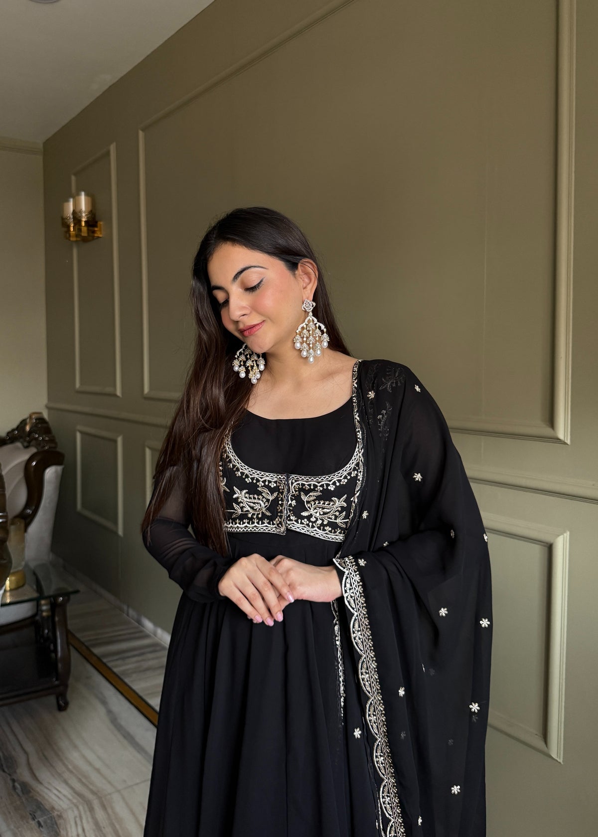 Premium Fox Georgette Anarkali Gown with Koti, Embroidery, Sequin & Jari Work