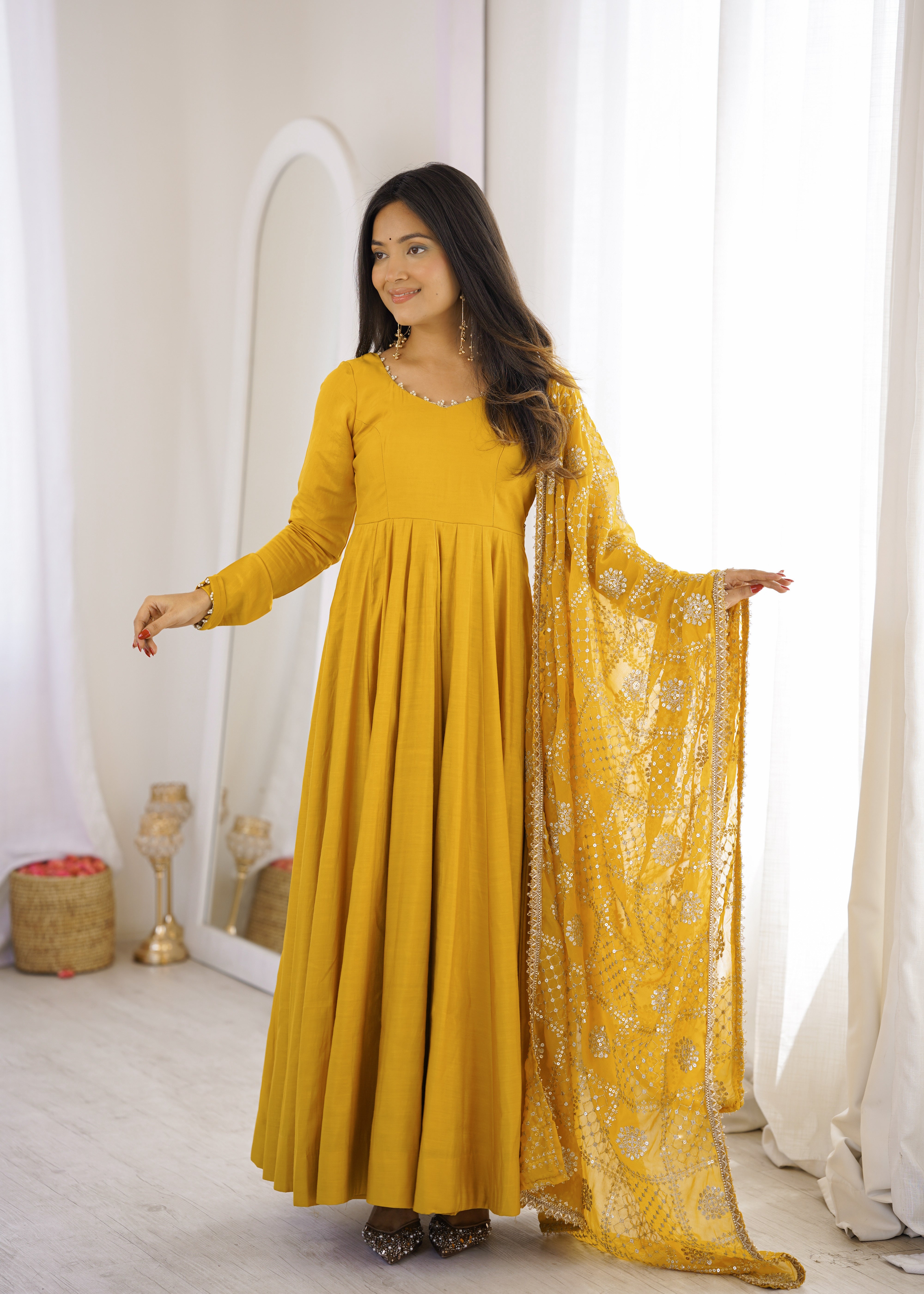 Premium Pure Romansilk Chanderi Fully Flared Anarkali Gown Set