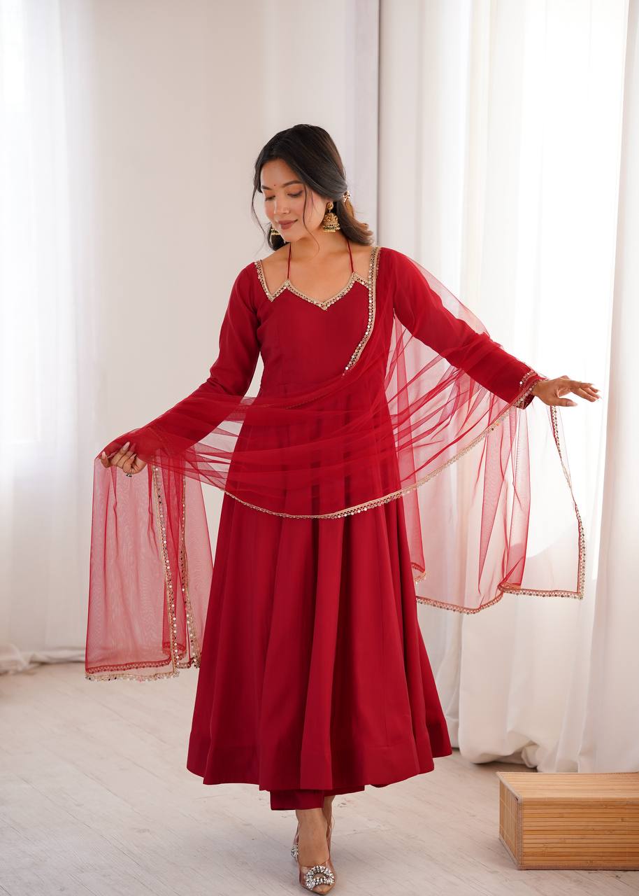Premium Roman Silk Chanderi Anarkali Gown Set with Dupatta & Pant