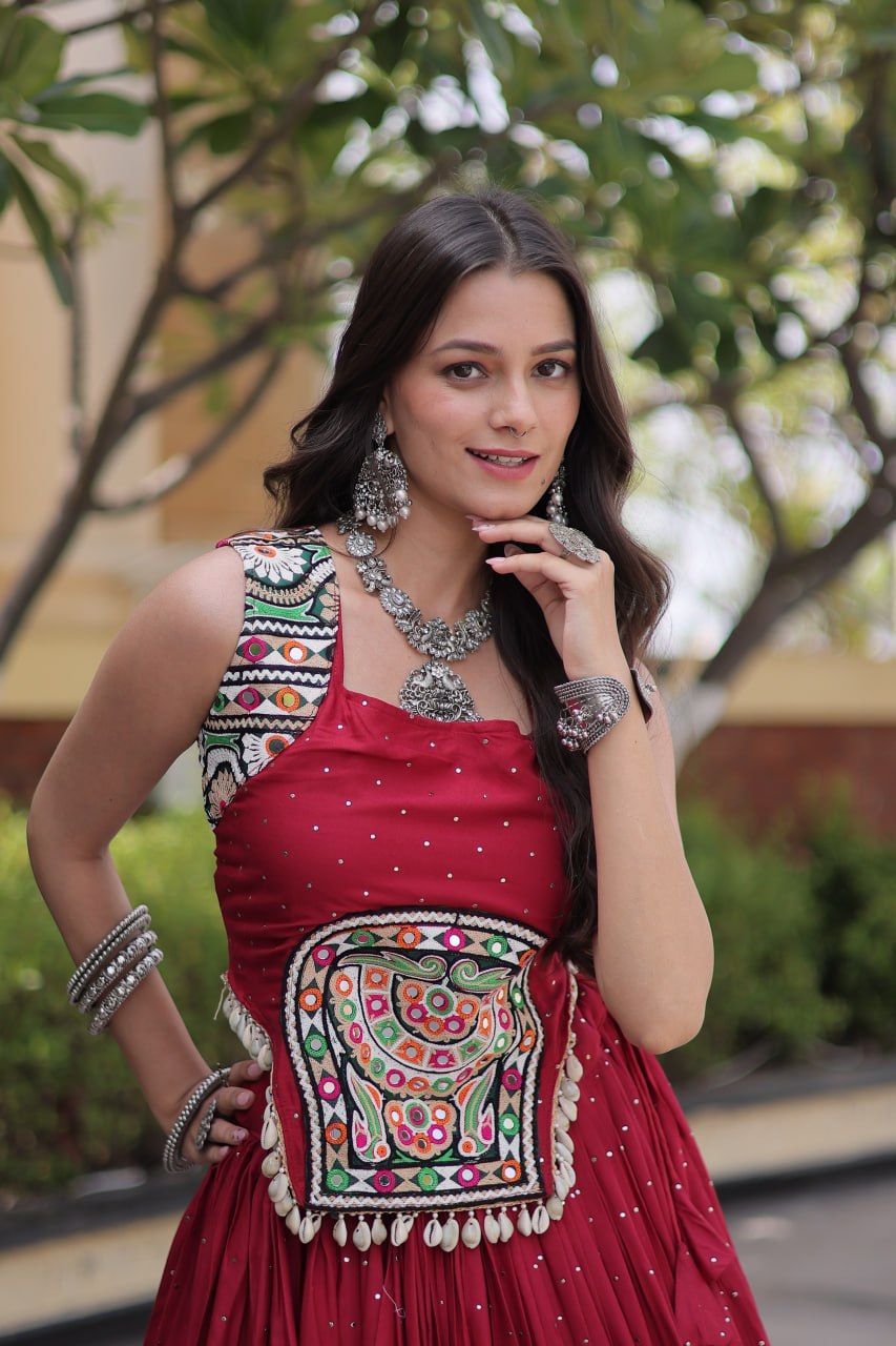 Reyon Navratri Lehenga Choli with Mukesh & Gamthi Mirror Work