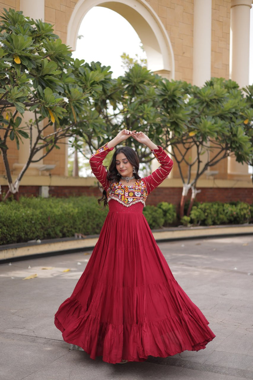 Premium Rayon Navratri Gown with Mukaish, Gamthi Embroidery, Mirror & Gota Patti Work