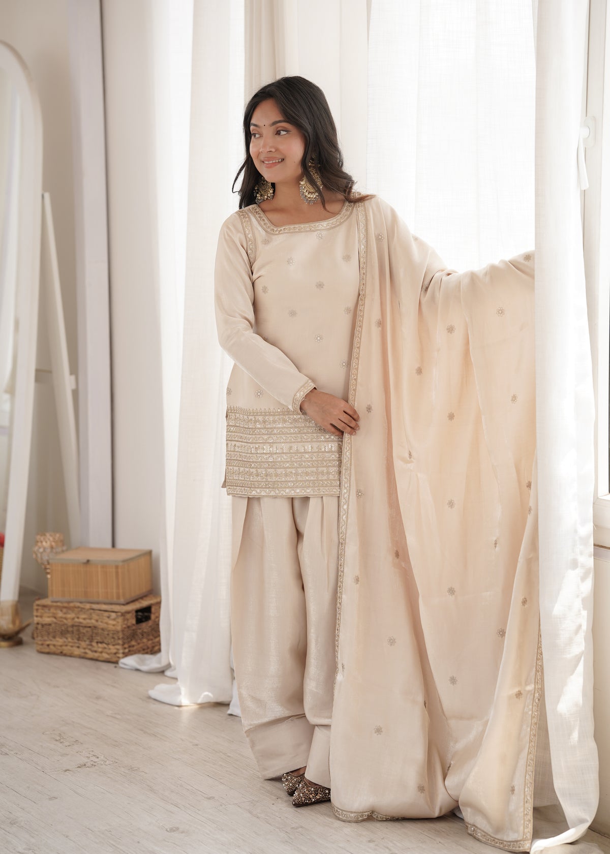 Premium Glass Roman Silk Top & Farshi Shalwar Set with Embroidery, Sequin, Dori & Jari Work
