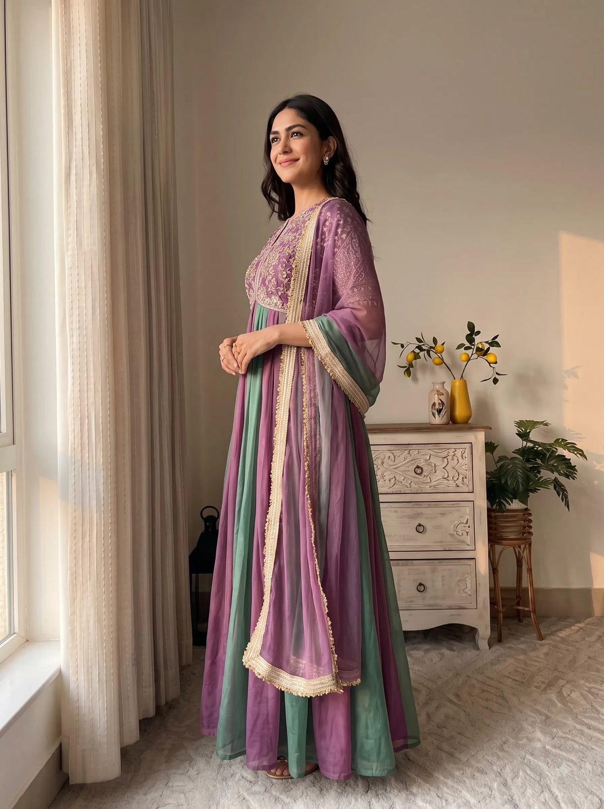 Premium NC Moss Silk Gown with Embroidery, Beads & Tassel Sleeves
