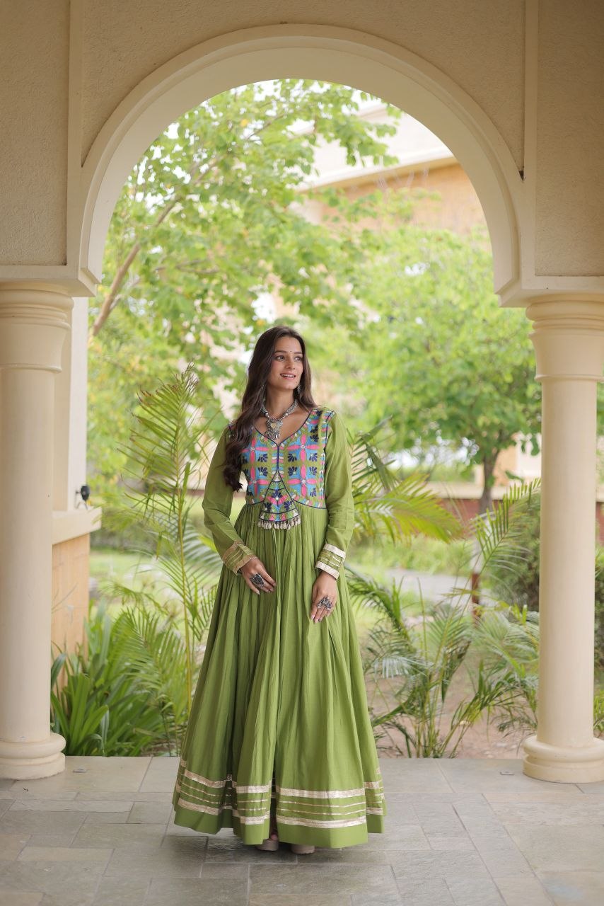 Premium Kora Cotton Navratri Gown with Multi-Thread Embroidery, Gota Patti, Mirror & Codi Lace Work