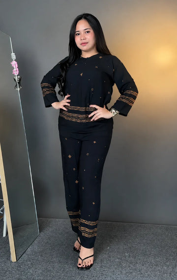 Elegant Black 2-Piece Co-Ord Set for Women | Golden Motif Detailing