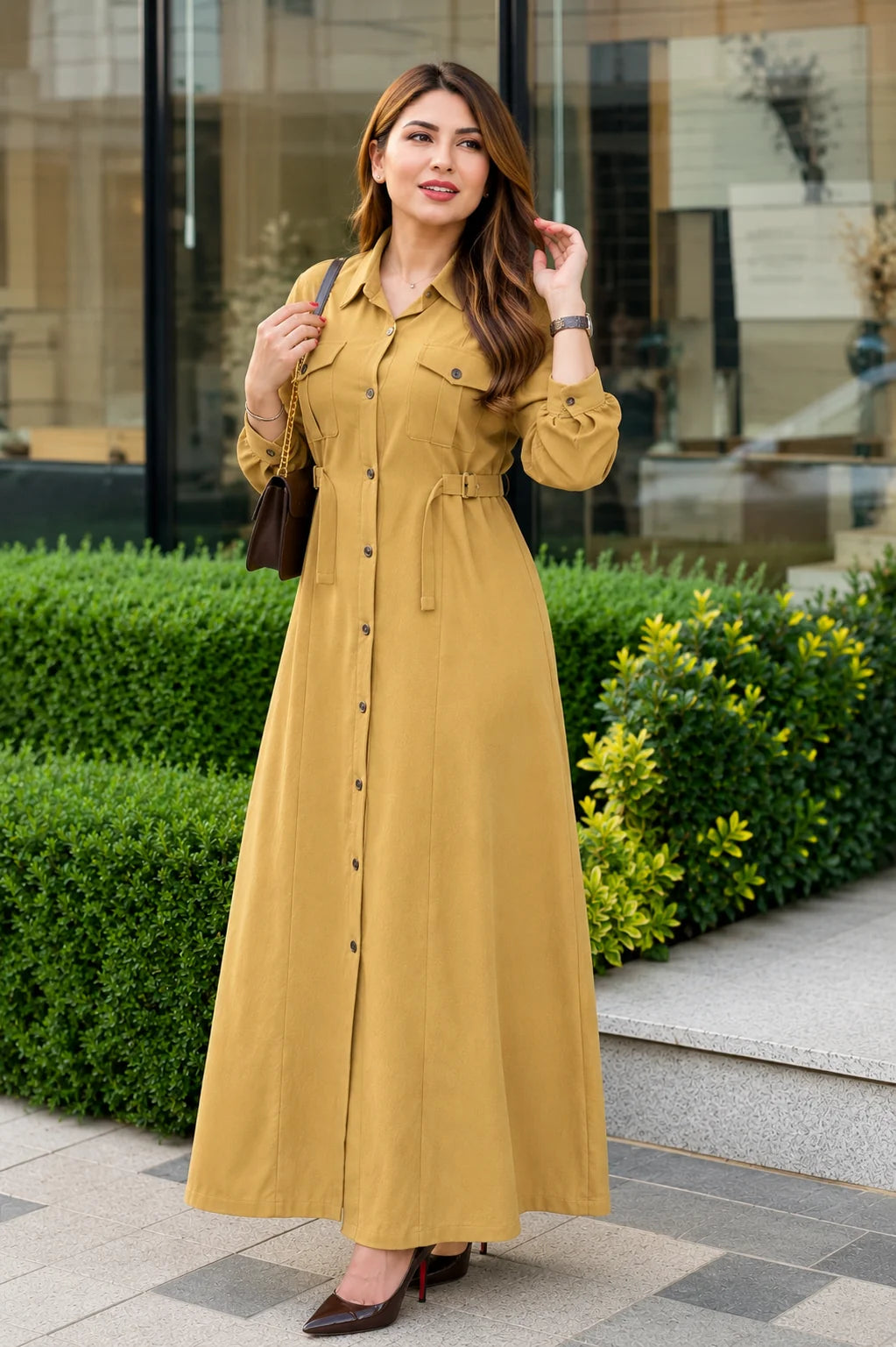 Women's Mustard Shirt Style Maxi Dress with Waist Belt | Casual & Office Wear