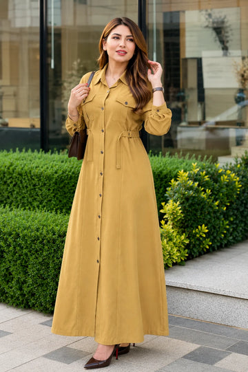 Women's Mustard Shirt Style Maxi Dress with Waist Belt | Casual & Office Wear