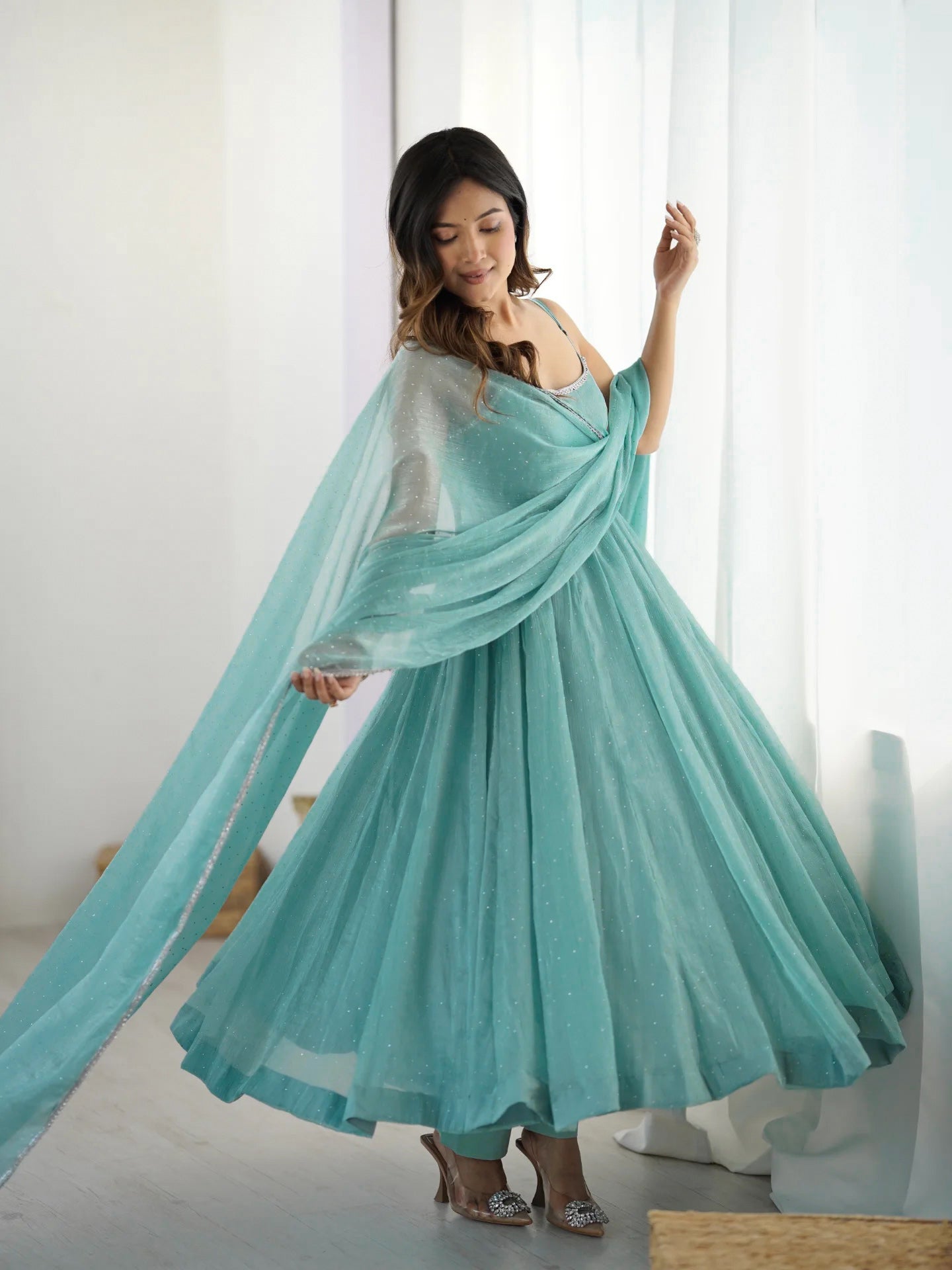 Premium Crunchy Silk Anarkali Gown Set with SiroSki Work, Dupatta & Pant