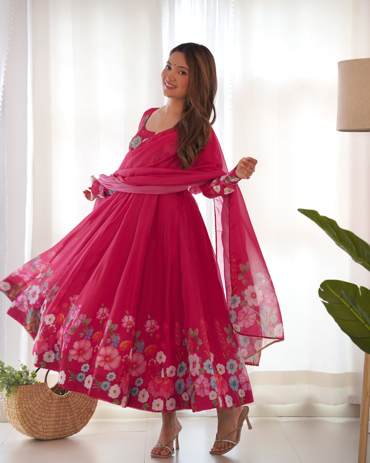 Premium Organza Silk Printed Anarkali Suit Set with Badla Jari & Gota Patti Work