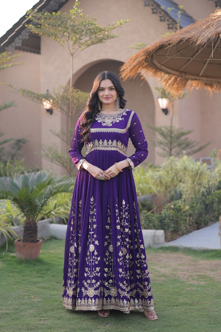 Premium Faux Blooming Georgette Embroidered Gown with Dupatta