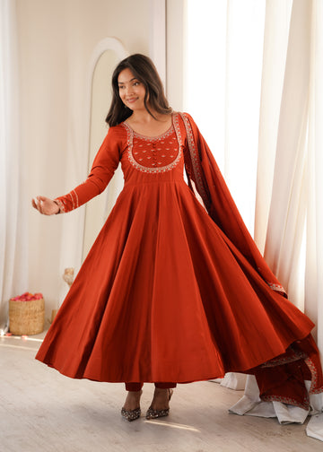Premium Roman Chanderi Silk Anarkali Gown with Thread & Jari Work