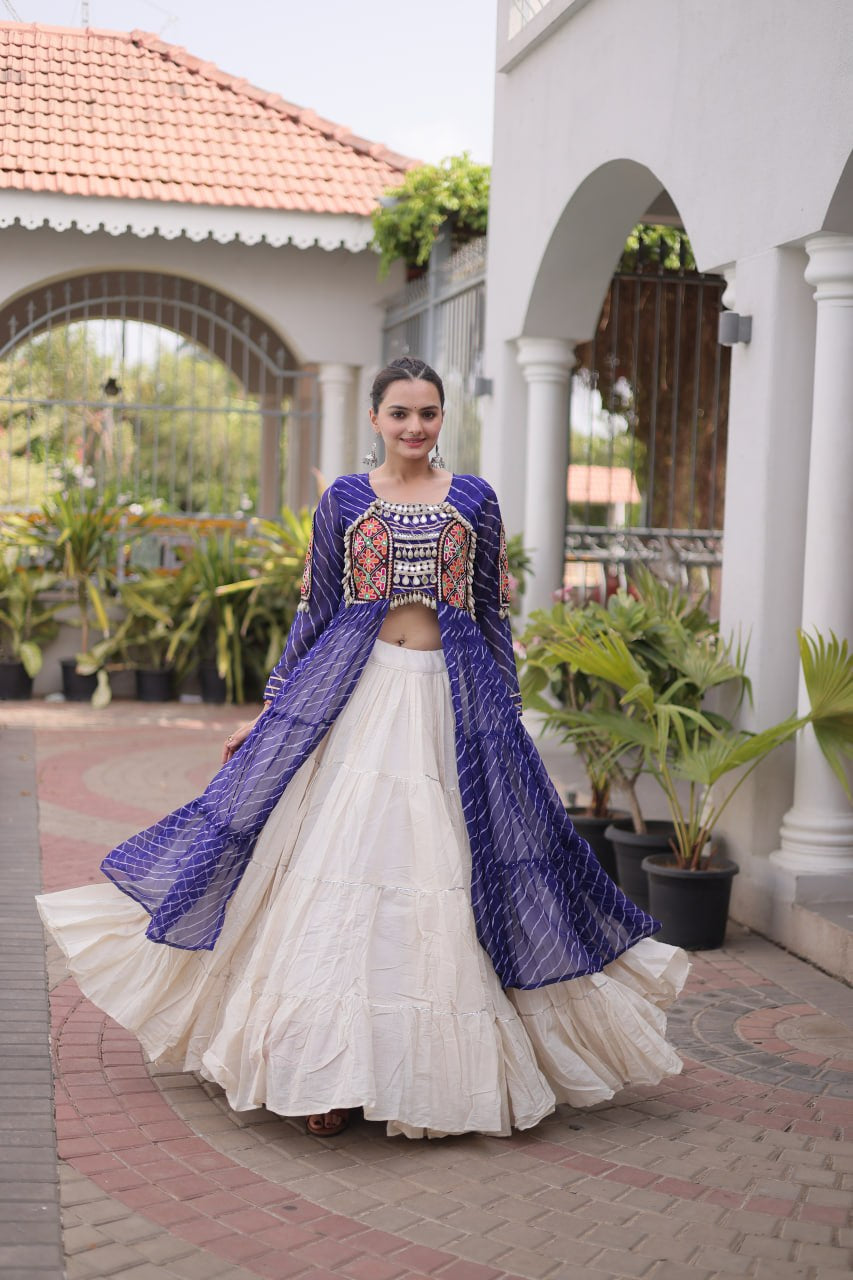 Premium Kora Cotton Navratri Lehenga with Laheriya Print & Kutchi Patchwork Kurti