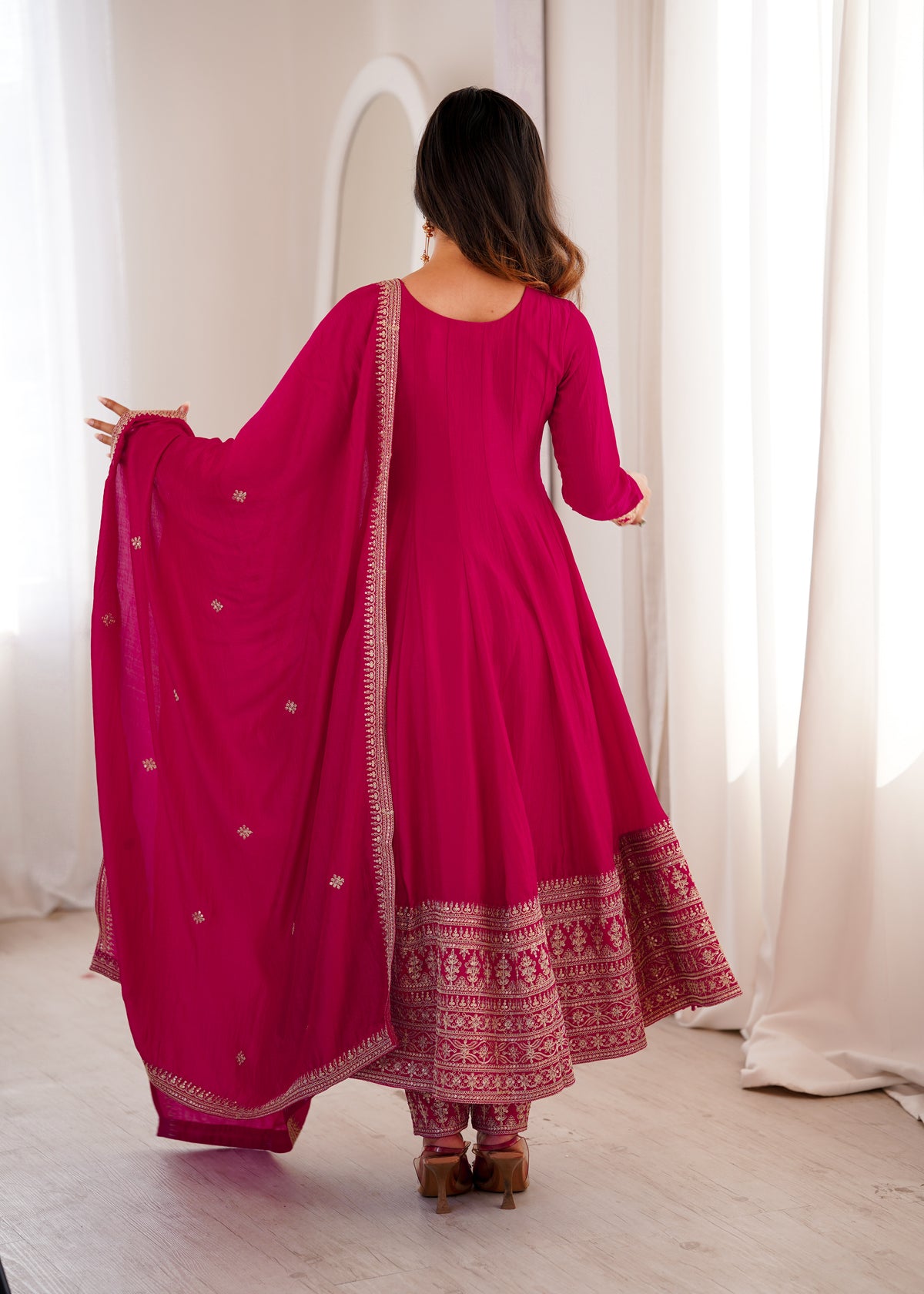 Premium Blooming Vichitra Silk Anarkali Gown Set with Embroidery, Sequin, Dori & Jari Work