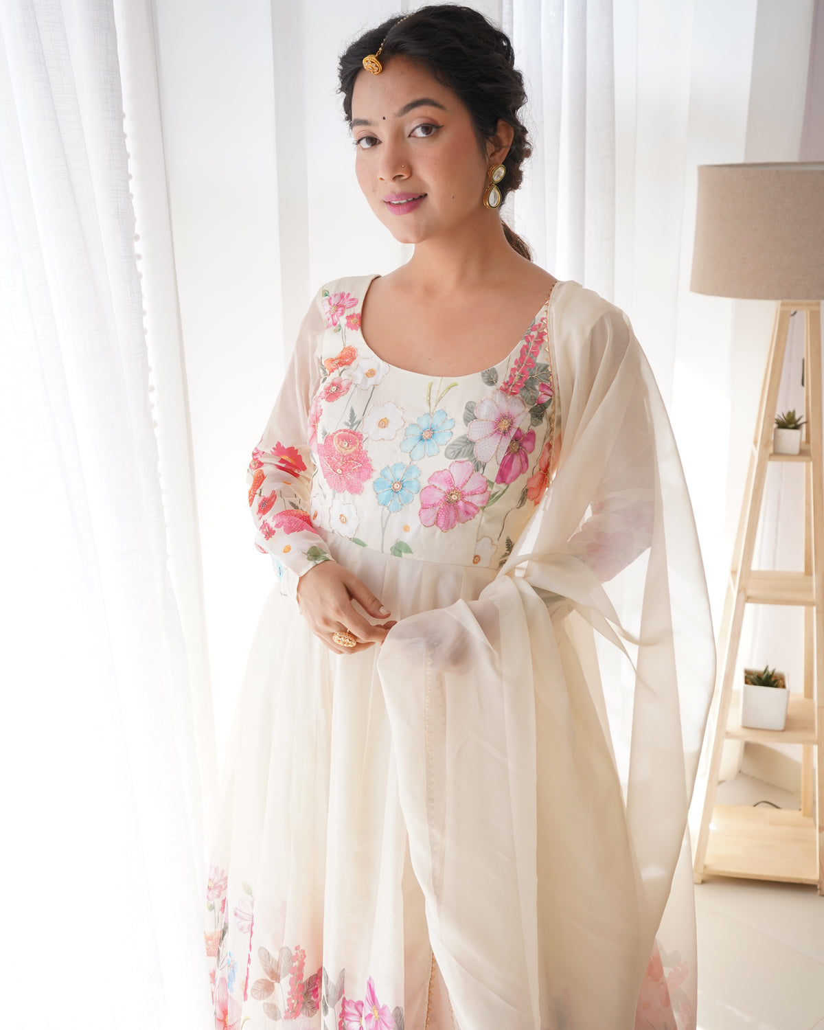 Premium Organza Silk Printed Anarkali Suit Set with Badla Jari & Gota Patti Work