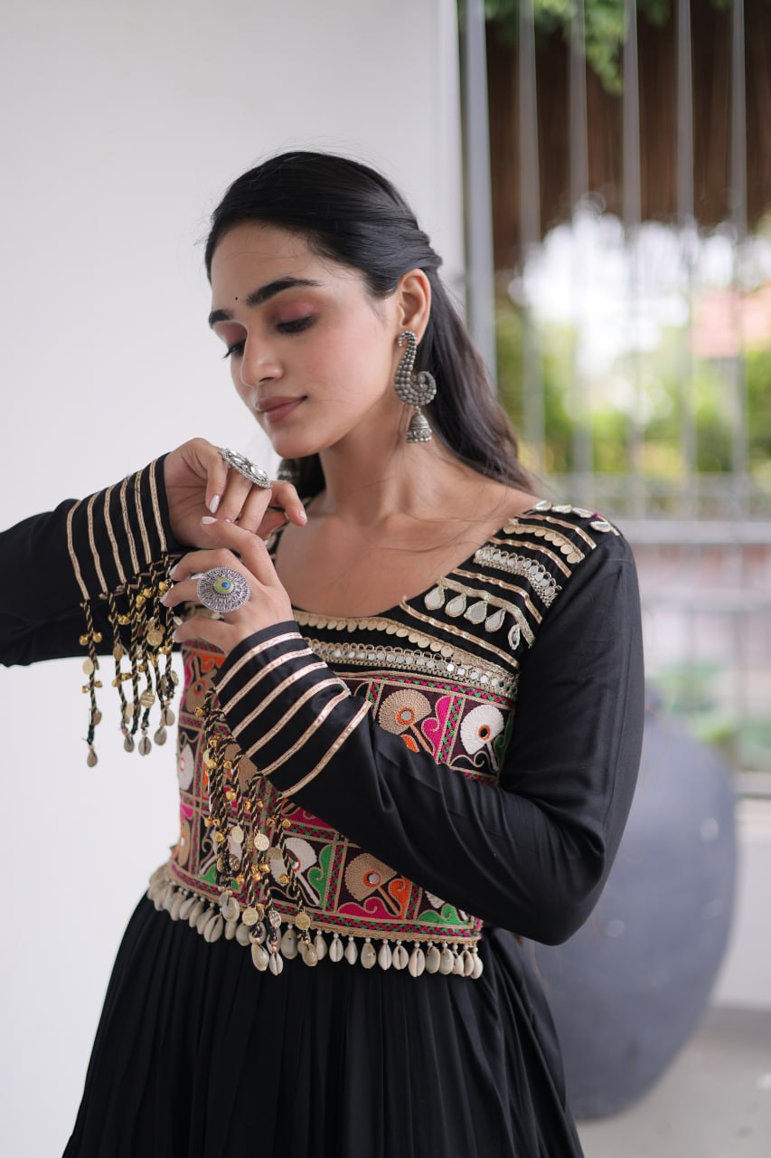 Reyon Navratri Gown with Kutchi Gamthi Embroidery & Mirror Work