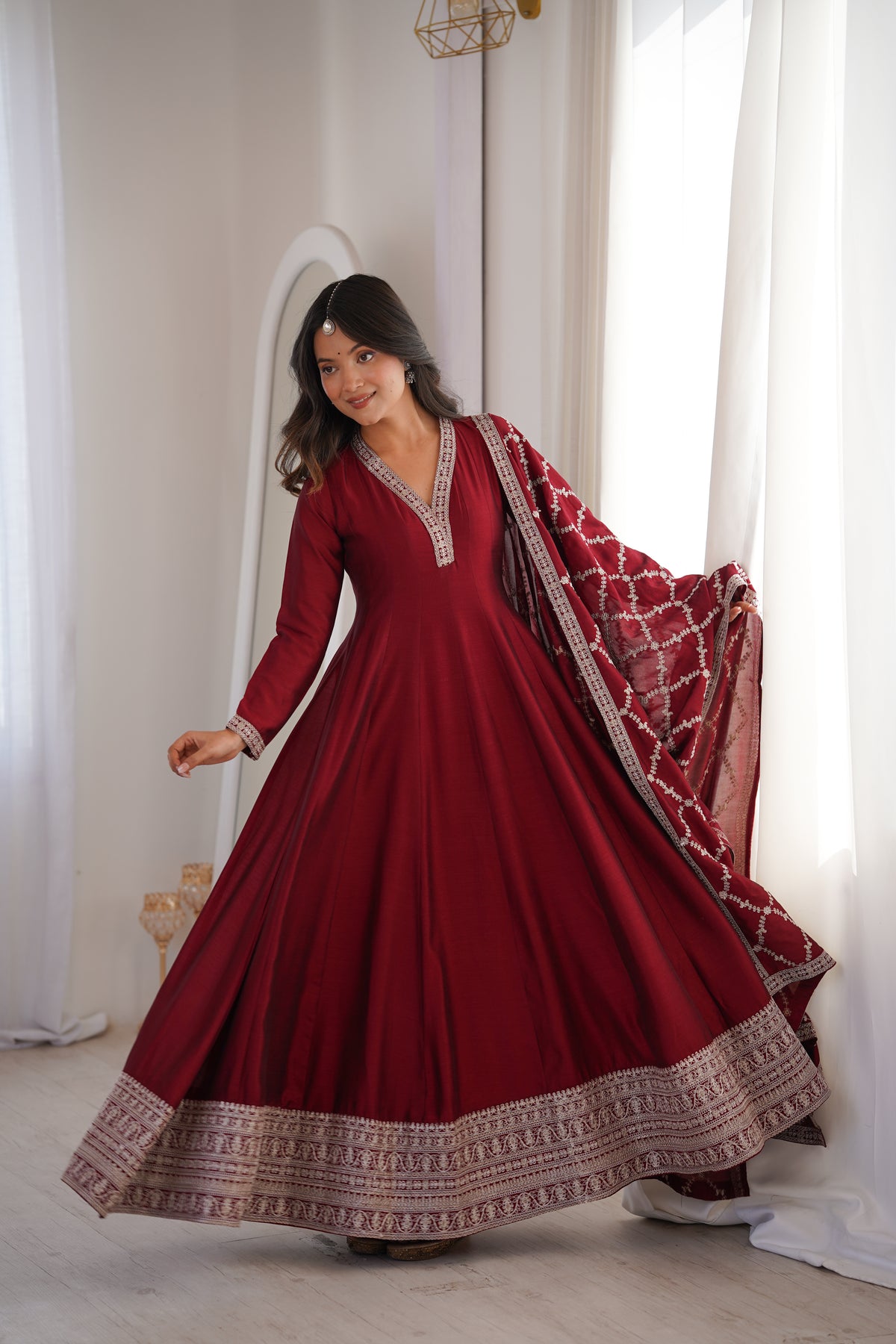 Premium Blooming Vichitra Silk Anarkali Gown with Embroidery, Sequin, Dori & Jari Work