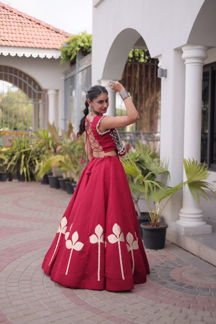 Premium Roman Silk Navratri Lehenga Choli with Pan-Patti Gota & Mirror Lace Work