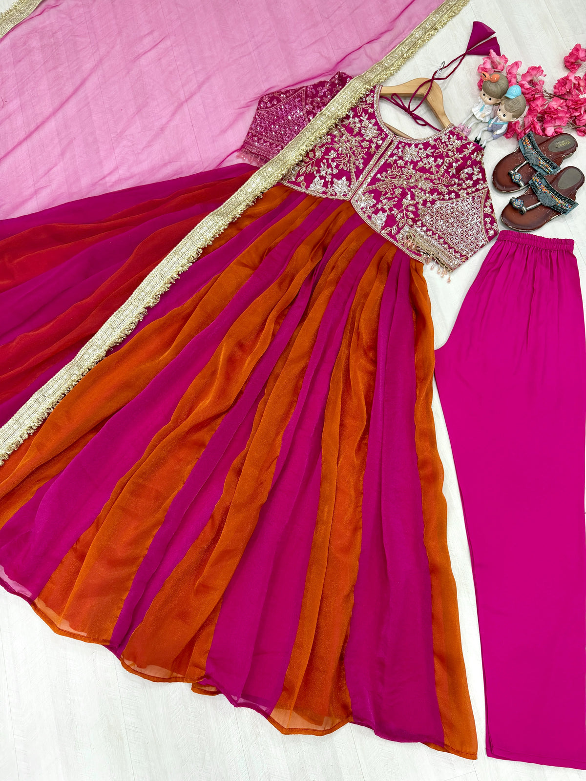 Premium NC Moss Silk Gown with Embroidery, Beads & Tassel Sleeves