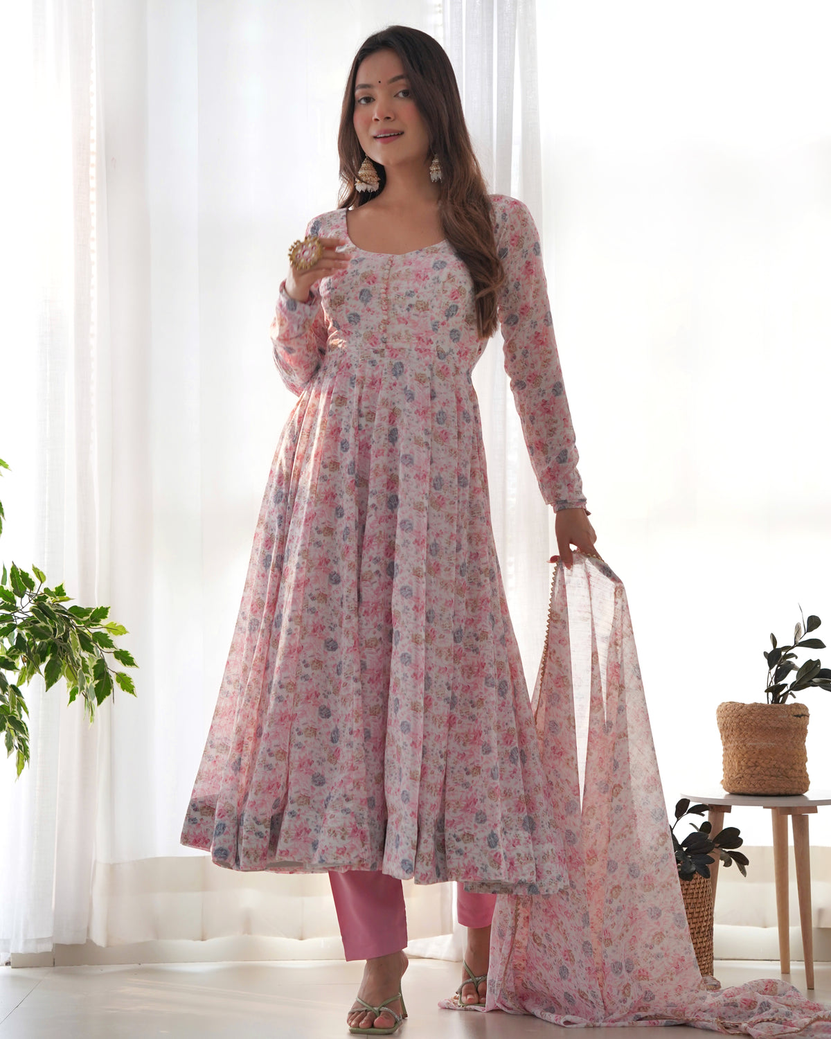 Premium Orange Chiffon Floral Print Anarkali Suit with Potli Buttons, Padded Design & Lace Dupatta