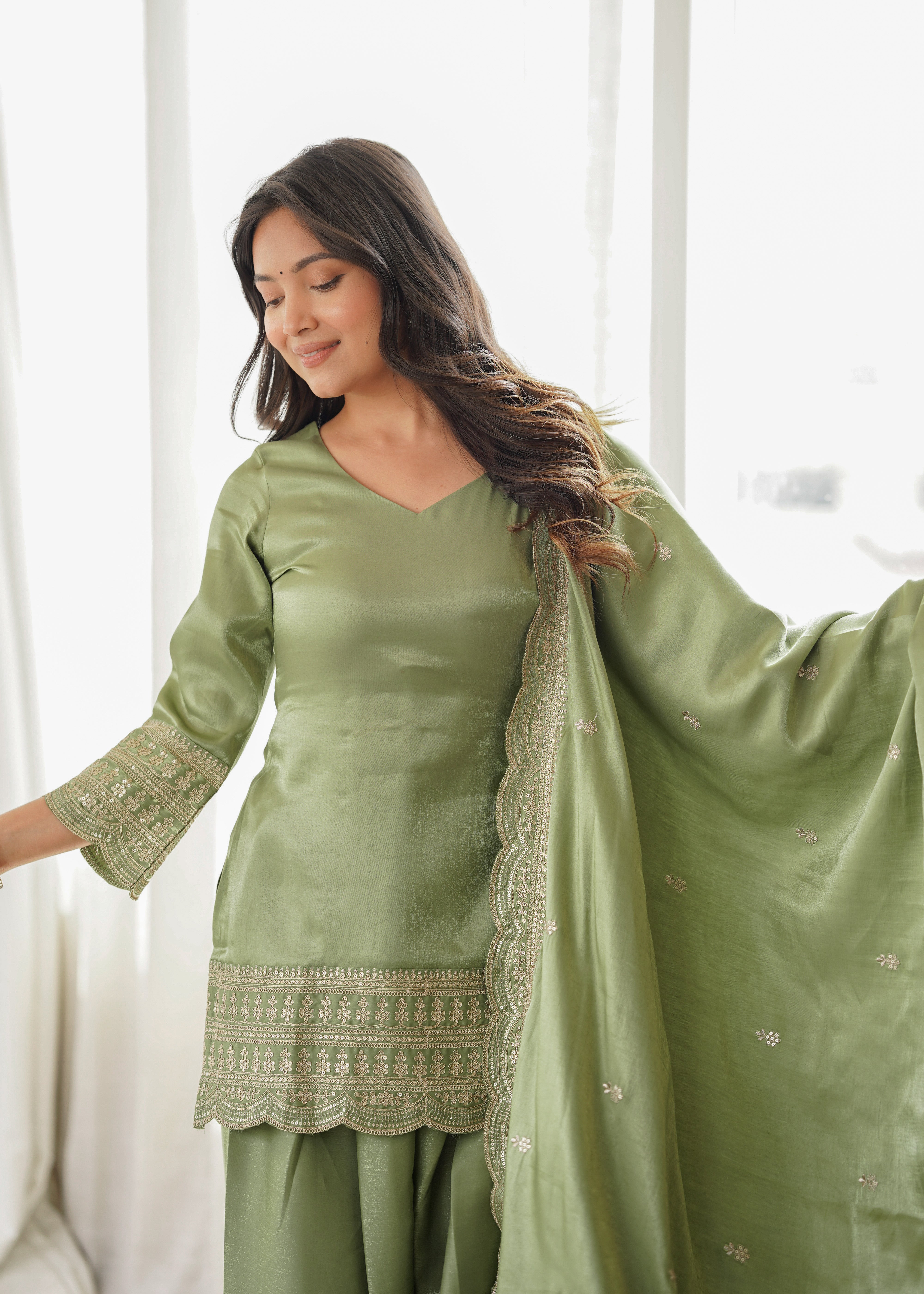 Premium Glass Roman Silk Embroidered Farshi Shalwar Set with Dupatta