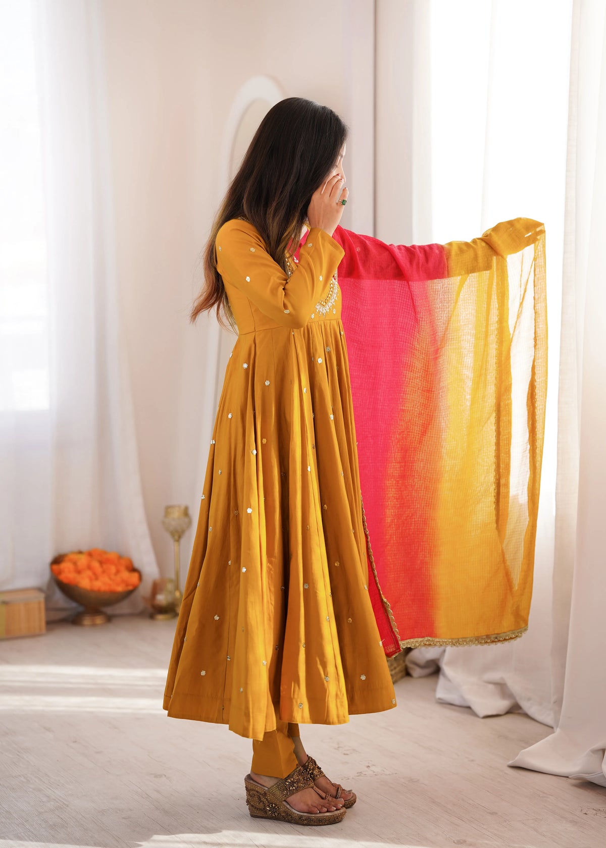Premium Roman Silk Anarkali Gown with Embroidery, Sequin & Real Mirror Work