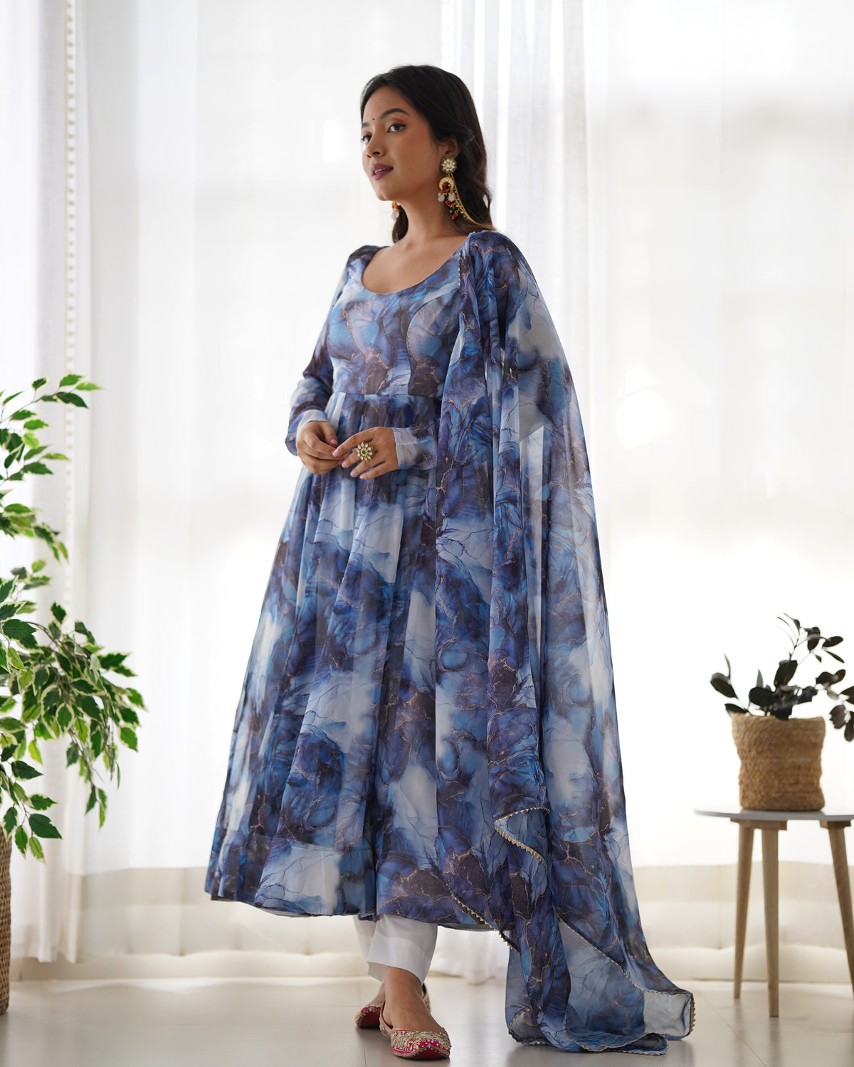 Premium Organza Silk Marble Print Anarkali Gown with Kali Flare, Canvas Patta & Gota Patti Dupatta