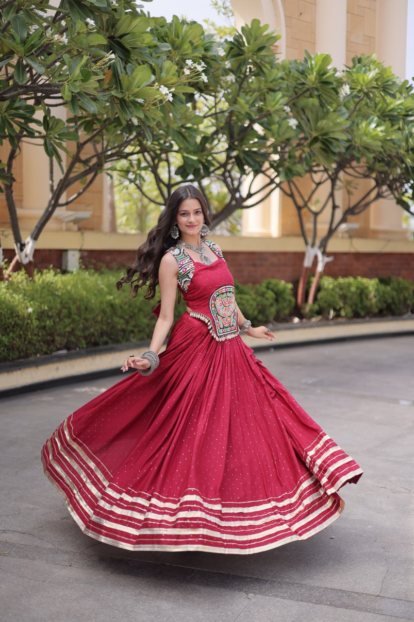 Reyon Navratri Lehenga Choli with Mukesh & Gamthi Mirror Work
