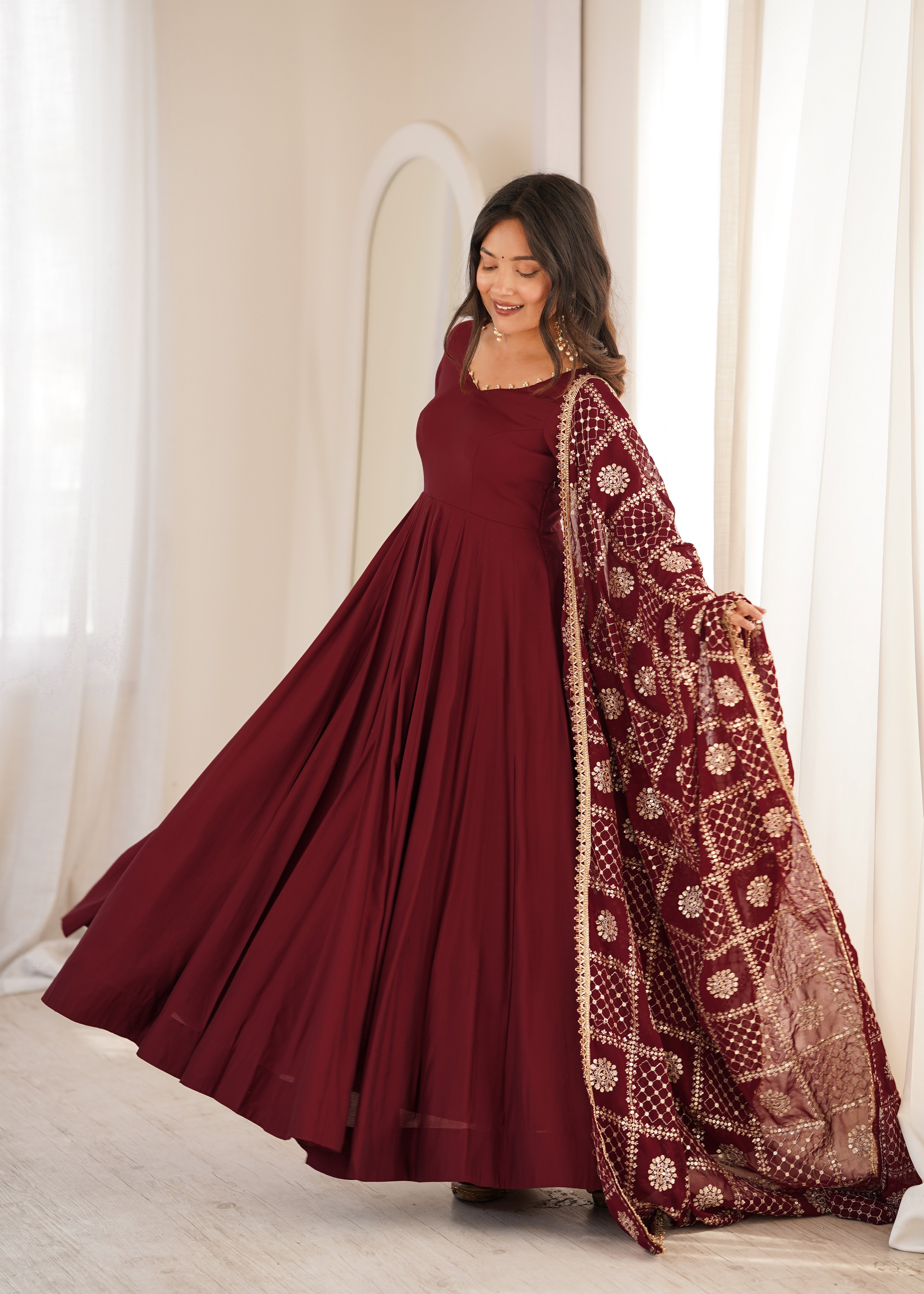 Premium Pure Romansilk Chanderi Fully Flared Anarkali Gown Set