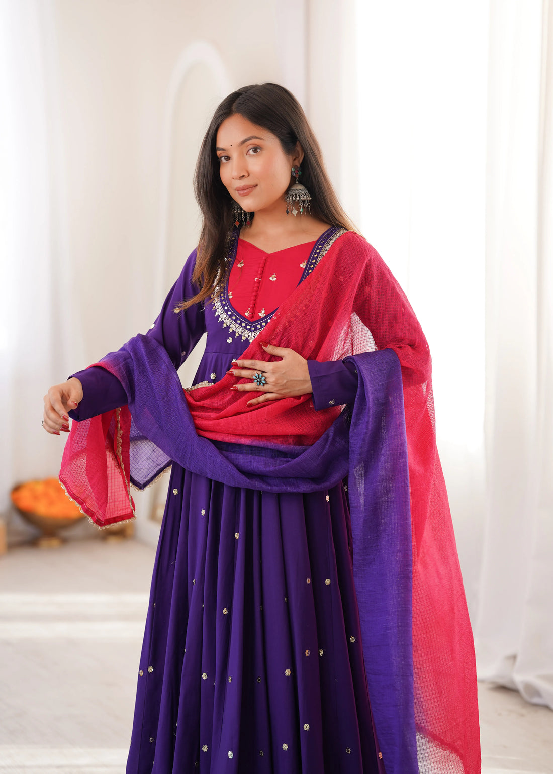 Premium Roman Silk Anarkali Gown with Embroidery, Sequin & Real Mirror Work